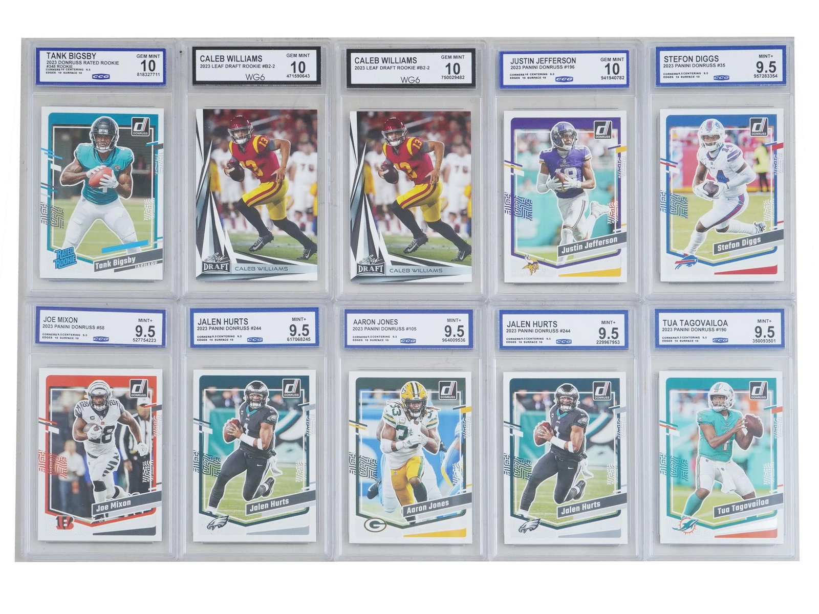 LOT OF CCG GRADED NFL CARDS: A must-have lot for NFL card collectors and enthusiasts! This auction features a lot of CCG-graded NFL cards, offering a range of high-quality, professionally graded cards. With various players from