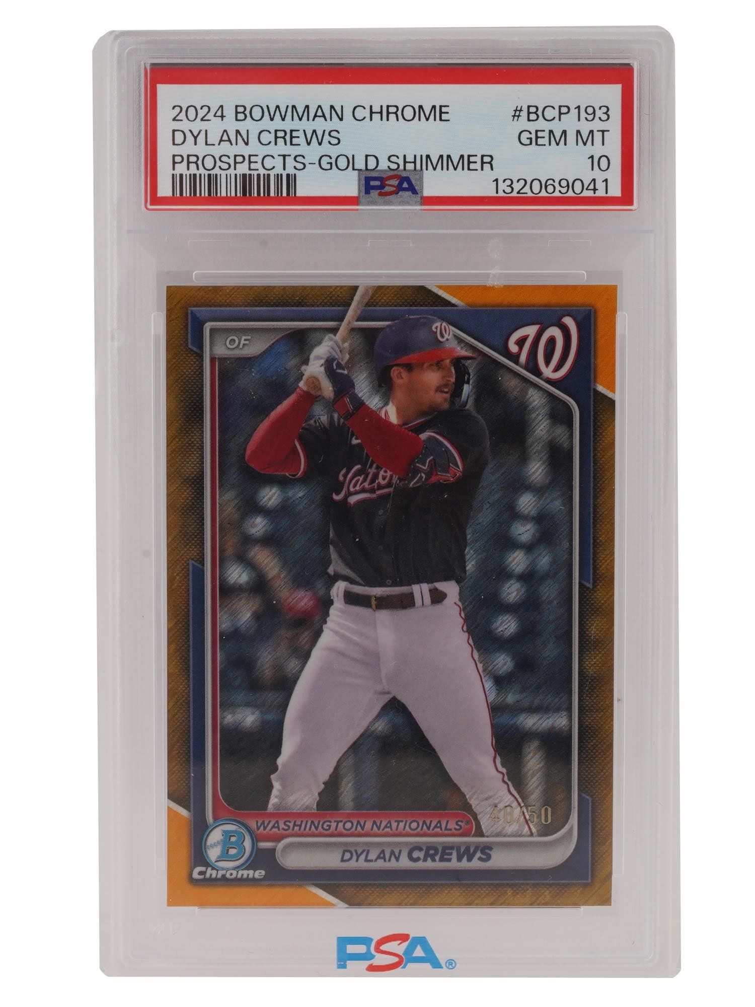 2024 BOWMAN CHROME DYLAN CREWS GOLD SHIMMER PSA 10: This extraordinary 2024 Bowman Chrome rookie specimen features Washington Nationals outfielder Dylan Crews in the prestigious Gold Shimmer Refractor parallel. Serial numbered to only 50 copies worldwi