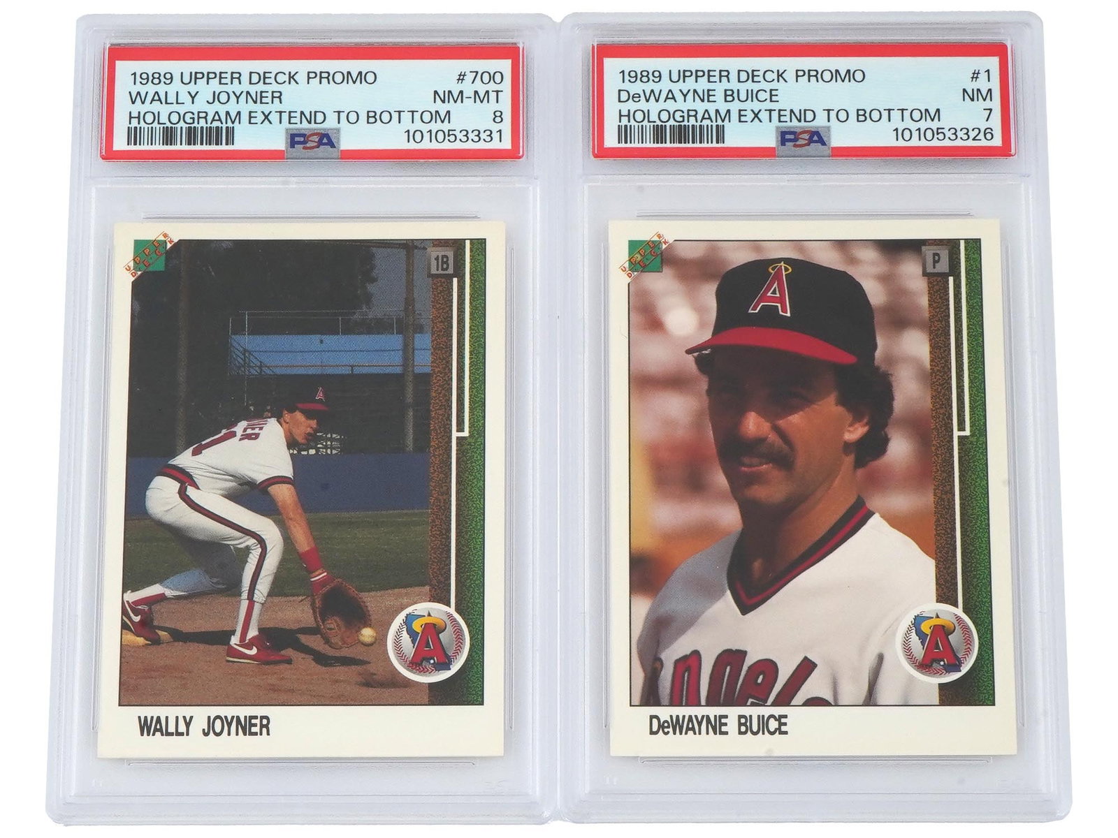 1989 UPPER DECK PROMO CARDS JOYNER AND BUICE PSA: A unique opportunity for collectors of baseball cards and rare promotional items! This auction features two 1989 Upper Deck Promo cards, each with the hologram extending to the bottom, a notable print