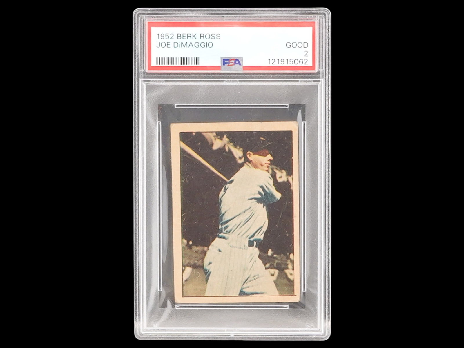 1952 BERK ROSS JOE DIMAGGIO PSA 2: 1952 Berk Ross Joe DiMaggio, graded PSA 2. This iconic early-’50s issue features the Yankee legend with honest vintage wear that gives it strong character and solid eye appeal for the grade. A great