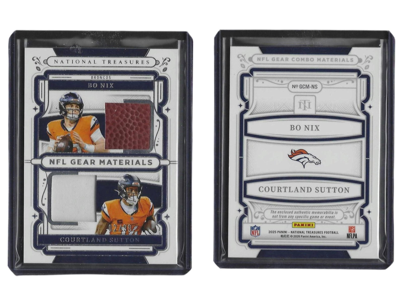 2025 PANINI NT FOOTBALL NIX SUTTON #GCM-NS NFL GEAR MATERIALS DUAL PATCH W/ FOOTBALL LEATHER /99: This distinctive sports card collectible features the dynamic Denver Broncos tandem of rookie quarterback Bo Nix and star wideout Courtland Sutton from the 2025 Panini National Treasures release. Show