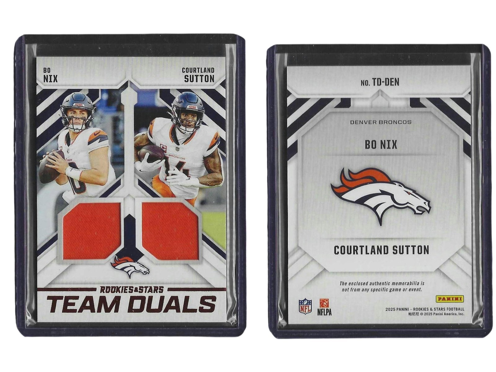 2025 PANINI ROOKIES & STARS FOOTBALL NIX SUTTON #TD-DEN TEAM DUALS DUAL PATCH BRONCOS: This eye-catching sports card collectible features the promising Denver Broncos offensive duo of Bo Nix and Courtland Sutton from the 2025 Panini Rookies & Stars release. Embedded with two authentic m