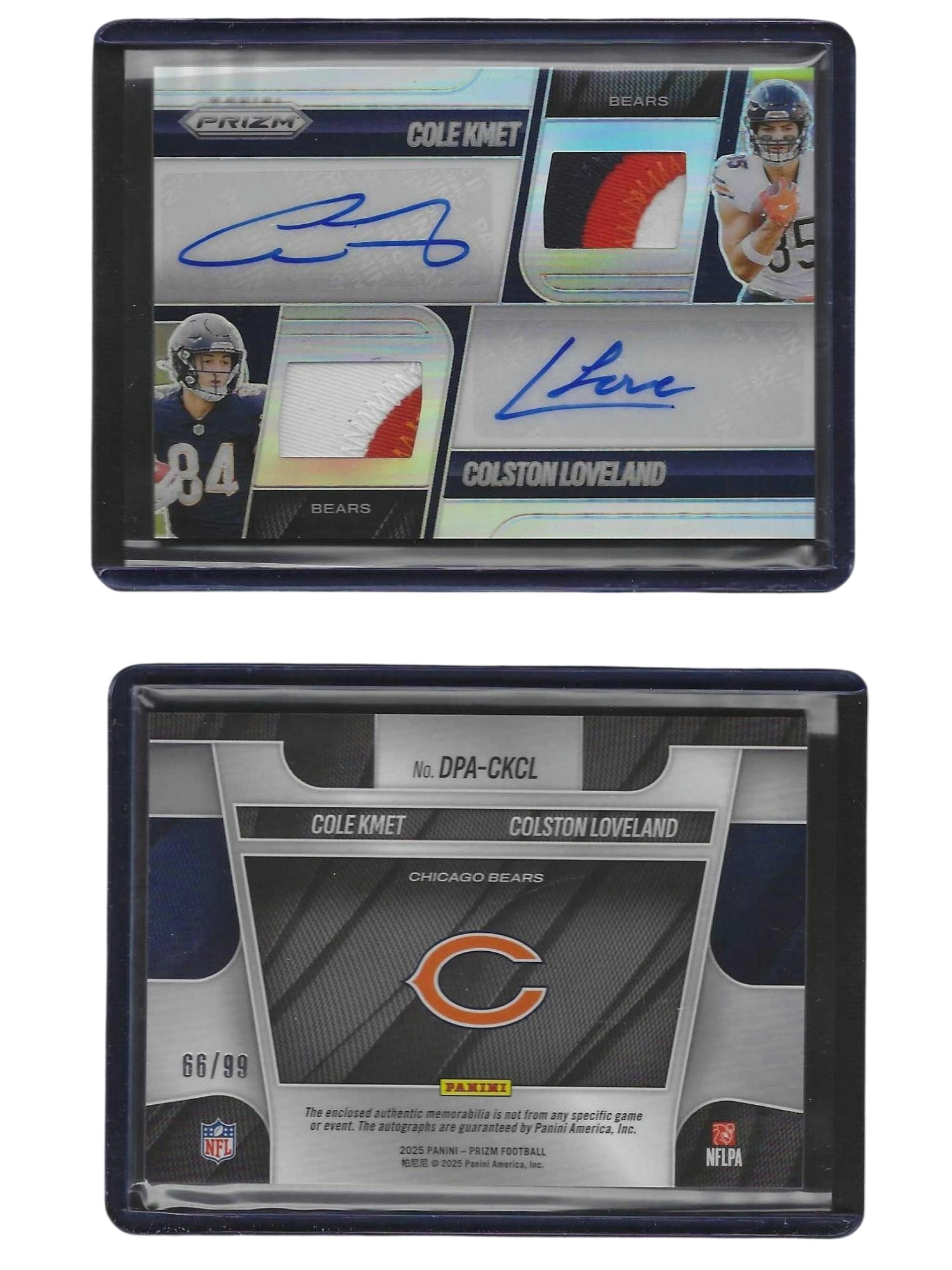 2025 PANINI PRIZM FOOTBALL KMET LOVELAND #DPA-CKCL DUAL PATCH AUTO /99 BEARS: This premium sports card collectible features standout Chicago Bears tight ends Cole Kmet and rookie Colston Loveland from the industry-favorite 2025 Panini Prizm Football release. Combining two authe