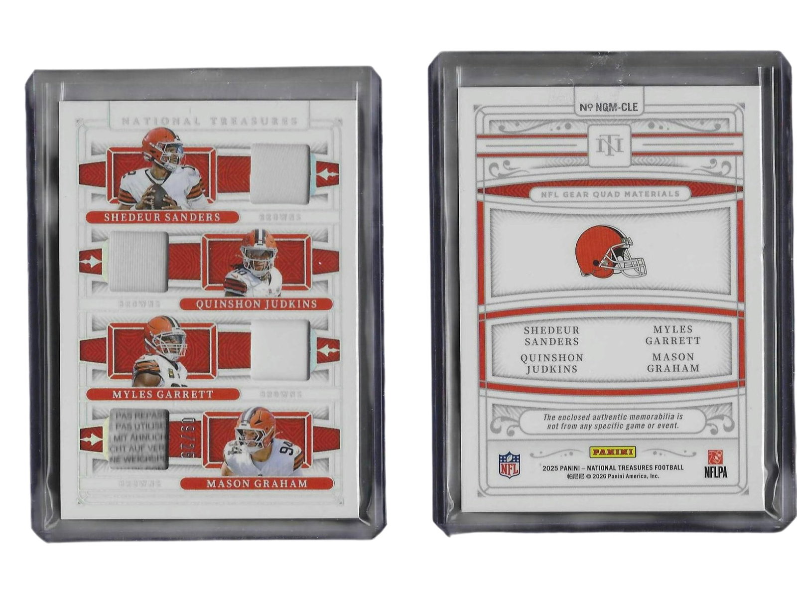 2025 PANINI NT FOOTBALL SANDERS JUDKINS GARRETT GRAHAM #NQM-CLE NFL GEAR QUAD PATCH W/ ERROR BROWNS: This incredibly unique sports card collectible features a quartet of Cleveland Browns stars—including Myles Garrett—from the prestigious 2025 Panini National Treasures release. Embedded with four 