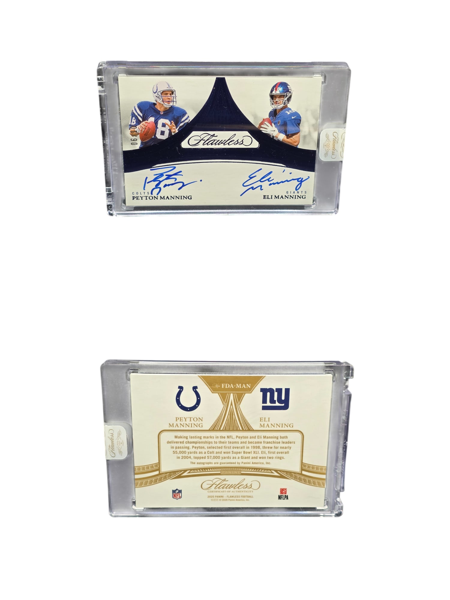 2025 PANINI FLAWLESS FOOTBALL PEYTON & ELI MANNING #FDA-MAN DUAL AUTO /10 COLTS & GIANTS: This generational sports card grail features legendary quarterback brothers Peyton and Eli Manning from the pinnacle 2025 Panini Flawless release. Showcasing pristine on-card dual autographs from the 