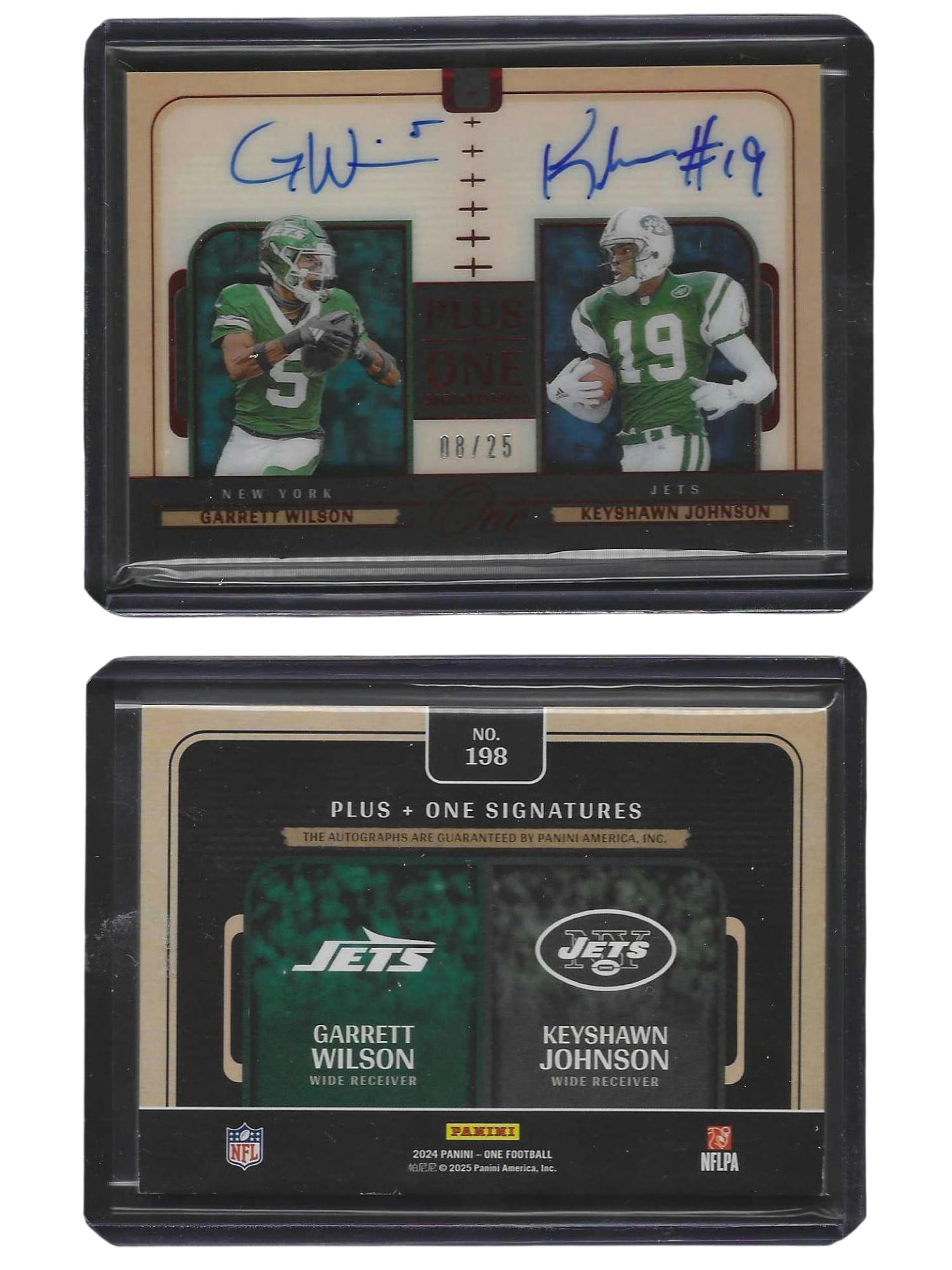 2024 PANINI ONE FOOTBALL WILSON JOHNSON #198 PLUS + ONE SIGNATURES DUAL AUTO JETS: This spectacular sports card collectible features New York Jets star wide receiver Garrett Wilson paired with a franchise great from the premium 2024 Panini One Football release. Encased directly from