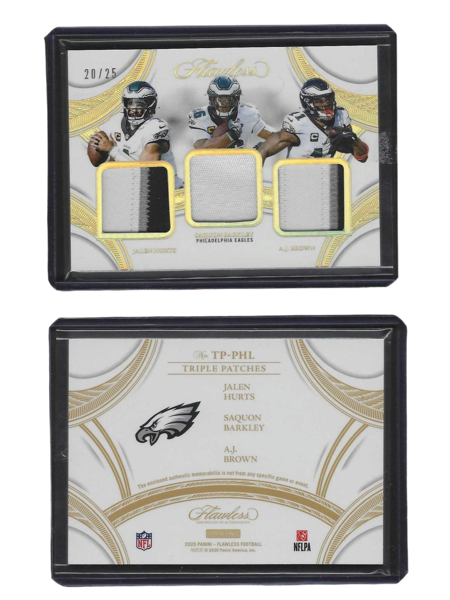 2025 PANINI FLAWLESS FOOTBALL HURTS BARKLEY BROWN #TP-PHL TRIPLE PATCH /25 EAGLES (1 of 3)