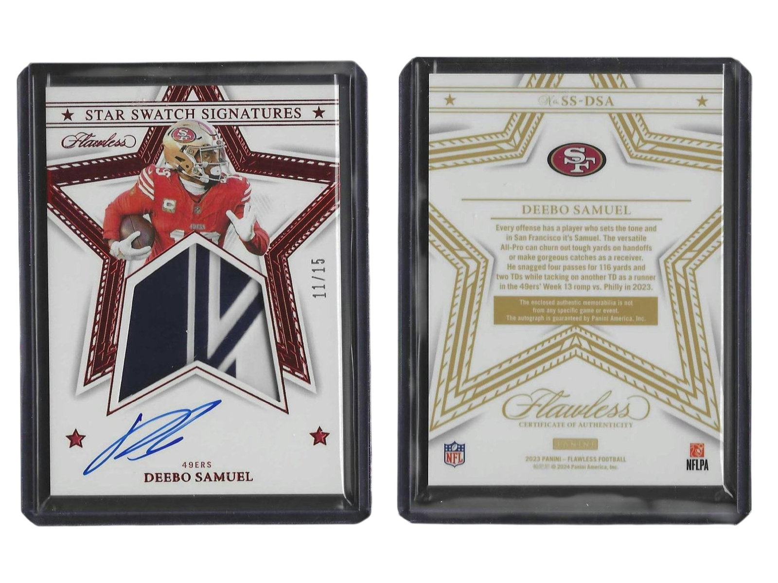 2023 PANINI FLAWLESS FOOTBALL DEEBO SAMUEL #SS-DSA STAR SWATCH SIGNATURES PATCH AUTO /15 49ERS: This ultra-luxury sports card collectible features the ultimate dual-threat offensive weapon, Deebo Samuel, from the pinnacle 2023 Panini Flawless Football release. Pairing a stunning multi-color memo