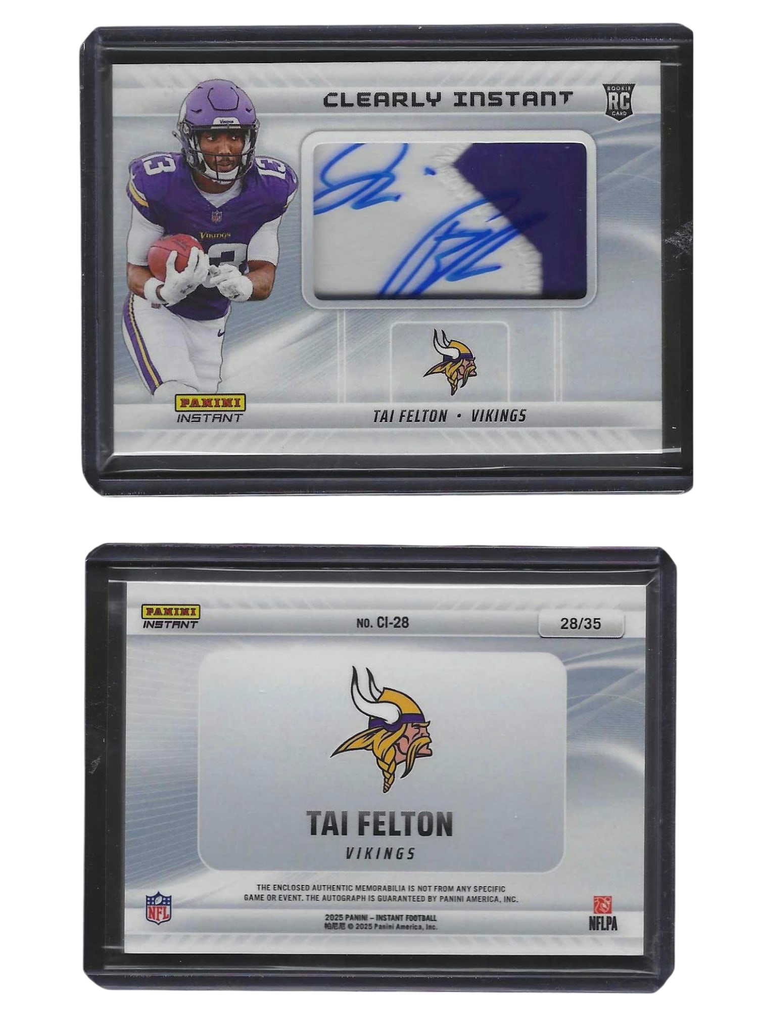 2025 PANINI INSTANT FOOTBALL TAI FELTON #CI-28 CLEARLY INSTANT RPA /35 VIKINGS: This visually striking sports card collectible features rookie wideout Tai Felton from the 2025 Panini Clearly Instant release. Designed on beautiful transparent acetate stock and pairing an authentic