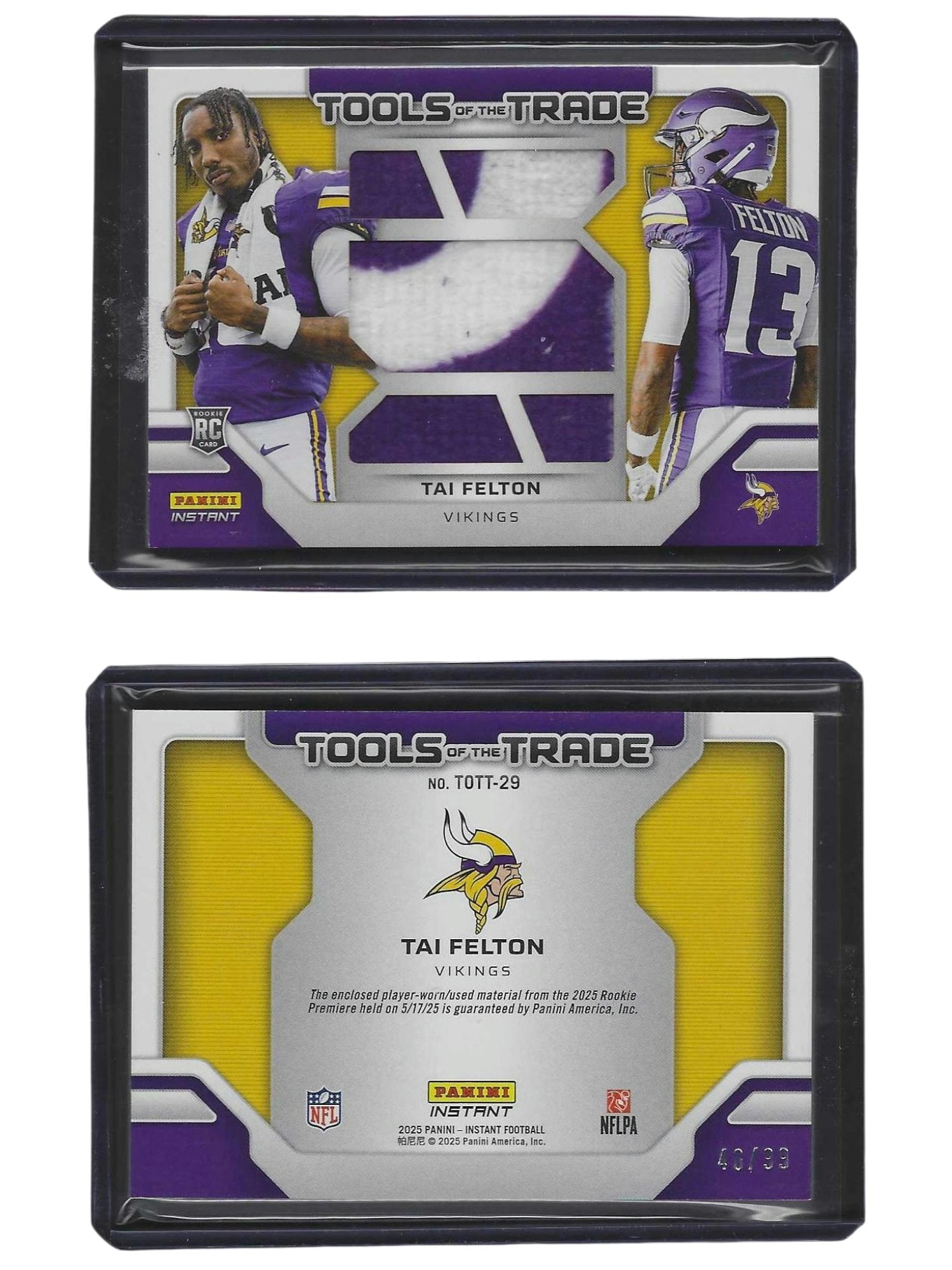 2025 PANINI INSTANT FOOTBALL TAI FELTON #TOTT-29 TOOLS OF THE TRADE ROOKIE WORN/USED PATCH /99: This authentic sports card collectible features rookie wide receiver Tai Felton from the 2025 Panini Instant Tools of the Trade series. Embedded with an authentic player-worn/used rookie jersey patch,