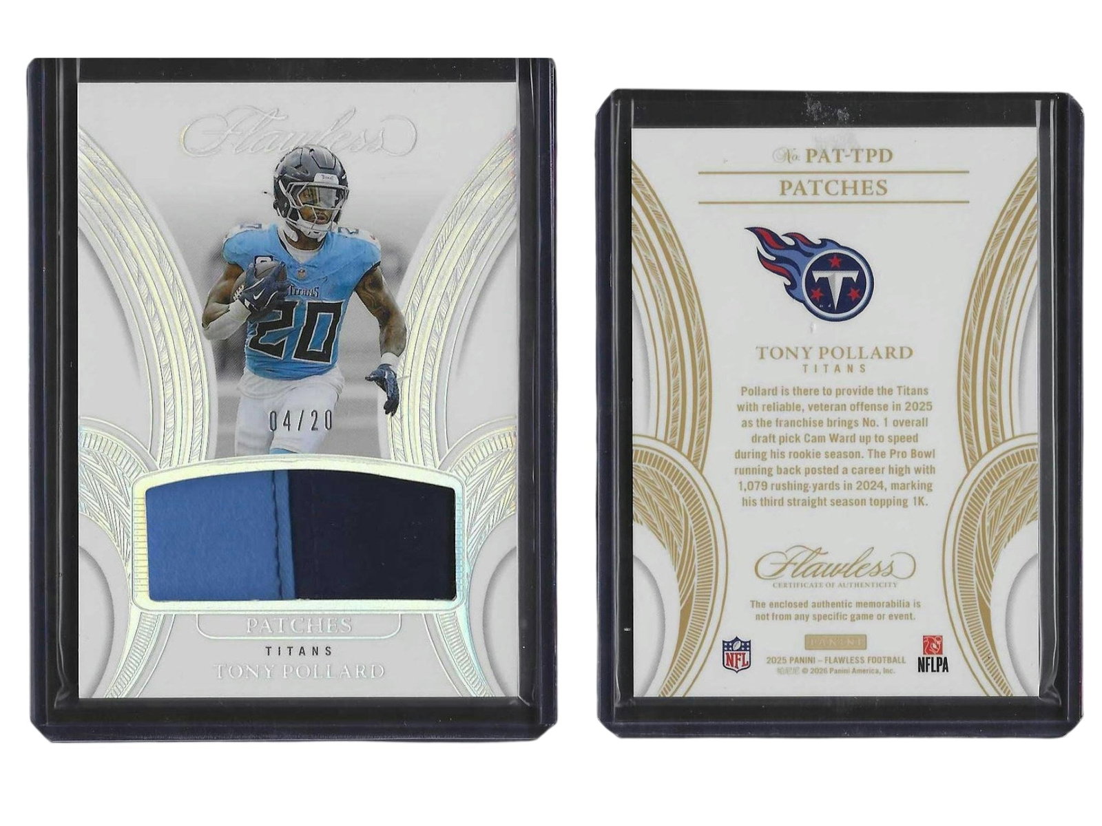 2025 PANINI FLAWLESS FOOTBALL TONY POLLARD #PAT-TPD PATCHES PATCH /20 TITANS: This ultra-luxury sports card collectible features explosive Pro Bowl running back Tony Pollard from the pinnacle 2025 Panini Flawless release. Embedded with an oversized authentic premium memorabilia