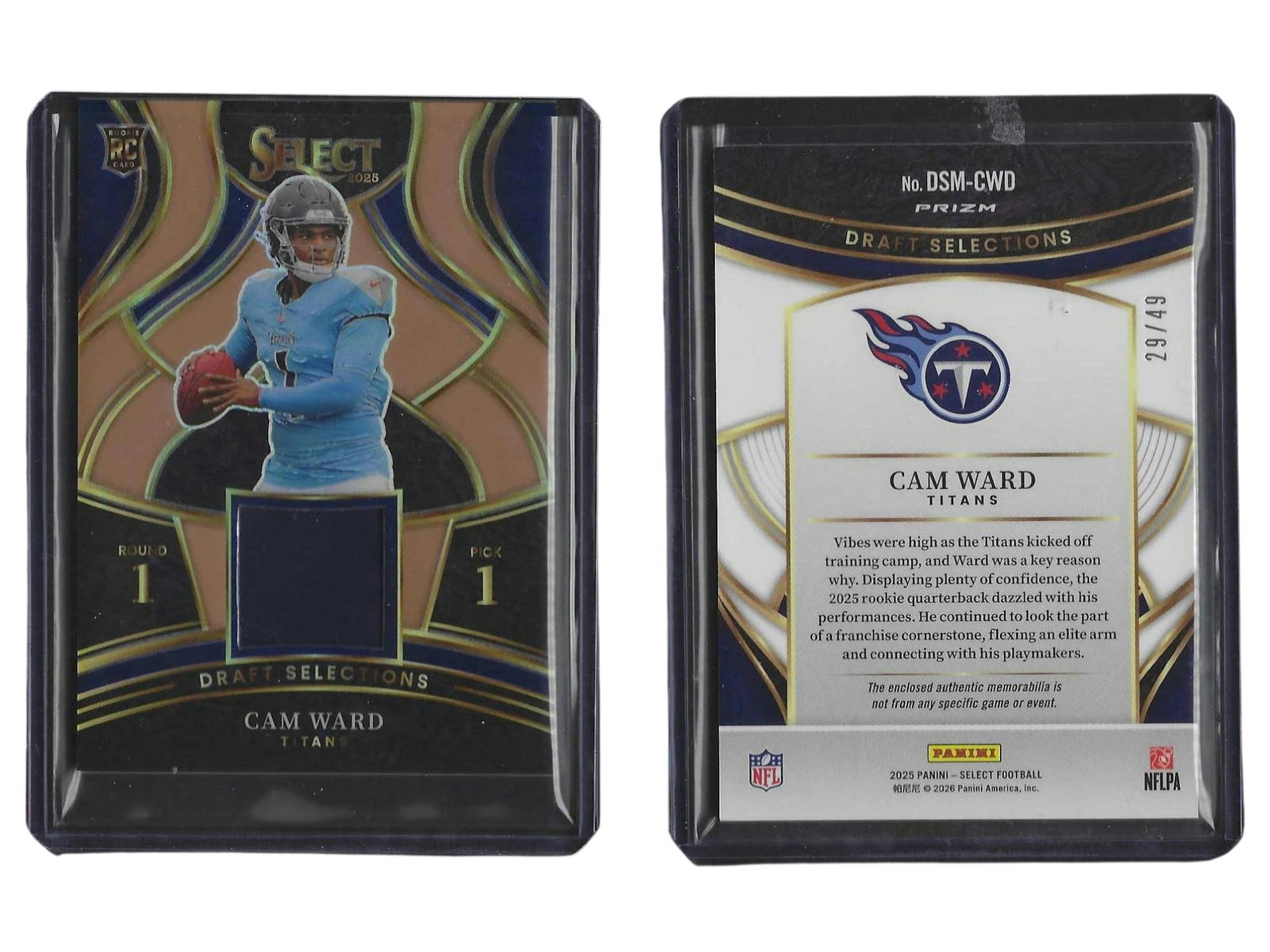 2025 PANINI SELECT FOOTBALL CAM WARD #DSM-CWD DRAFT SELECTIONS ROOKIE PATCH /49 TITANS (1 of 3)