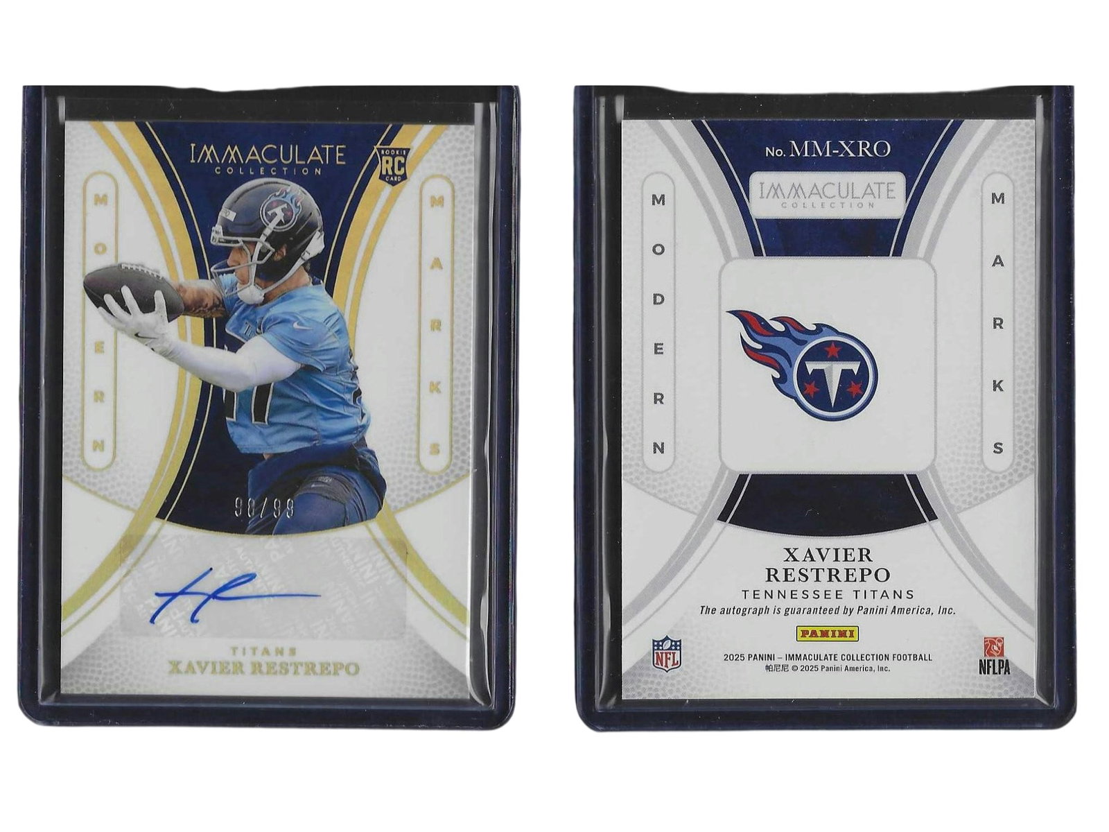 2025 PANINI IMMACULATE COLLECTION FOOTBALL XAVIER RESTREPO #MM-XRO MODERN MARKS ROOKIE AUTO /99: This premier sports card collectible features rookie slot receiving sensation Xavier Restrepo from the 2025 Panini Immaculate Collection. Highlighting a clean, bold signature on elegant cardstock, thi