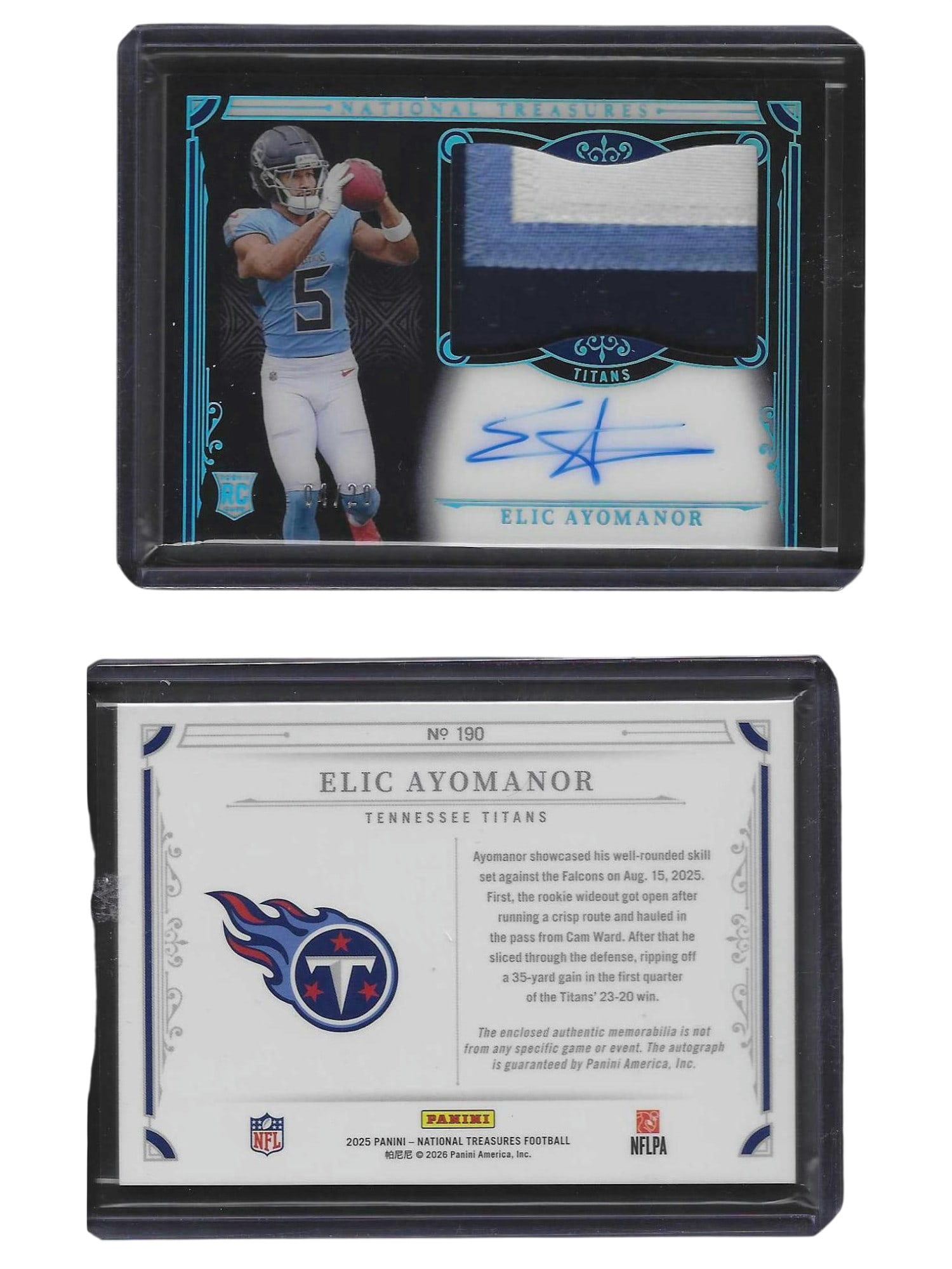 2025 NT FOOTBALL ELIC AYOMANOR #190 RPA /20 TITANS: This high-end sports card collectible features physical rookie wide receiver Elic Ayomanor from the legendary 2025 Panini National Treasures release. Pairing an authentic on-card autograph with a prem