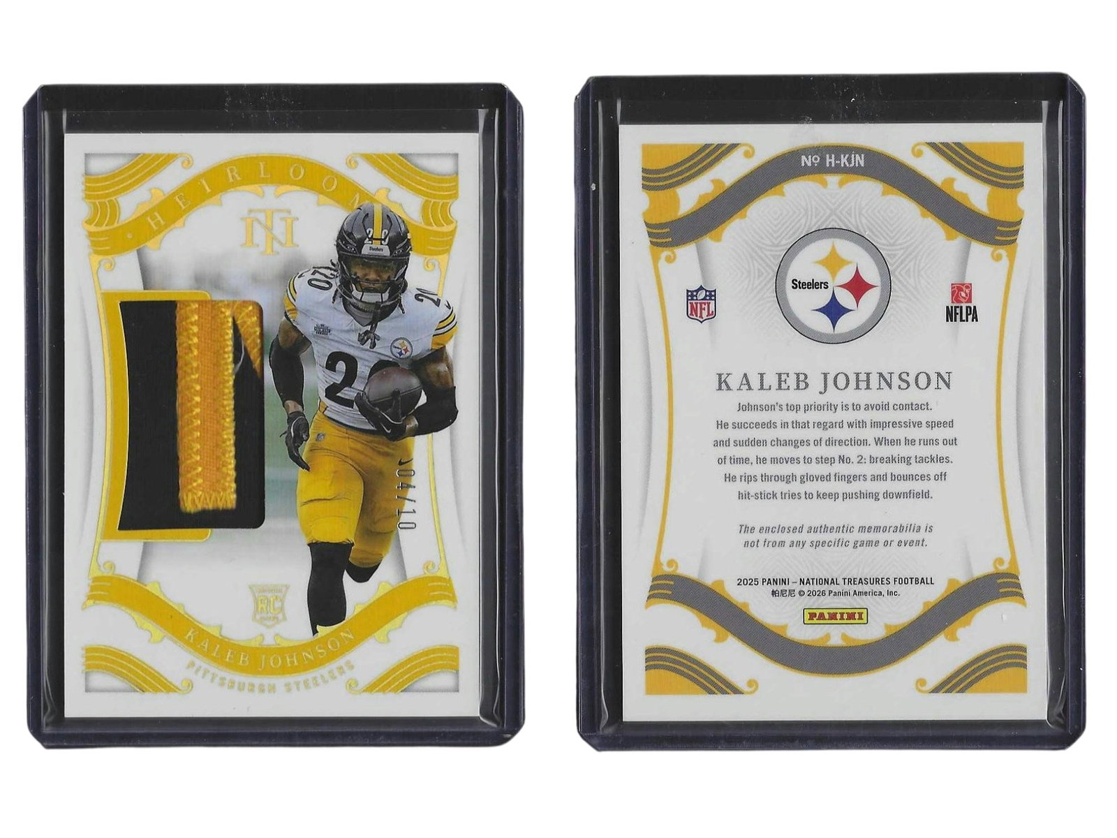 2025 PANINI NT FOOTBALL KALEB JOHNSON #H-KJN HEIRLOOM ROOKIE PATCH /10 STEELERS: This premium sports card collectible features powerhouse rookie running back Kaleb Johnson from the gold standard 2025 Panini National Treasures release. Embedded with an authentic premium rookie memo