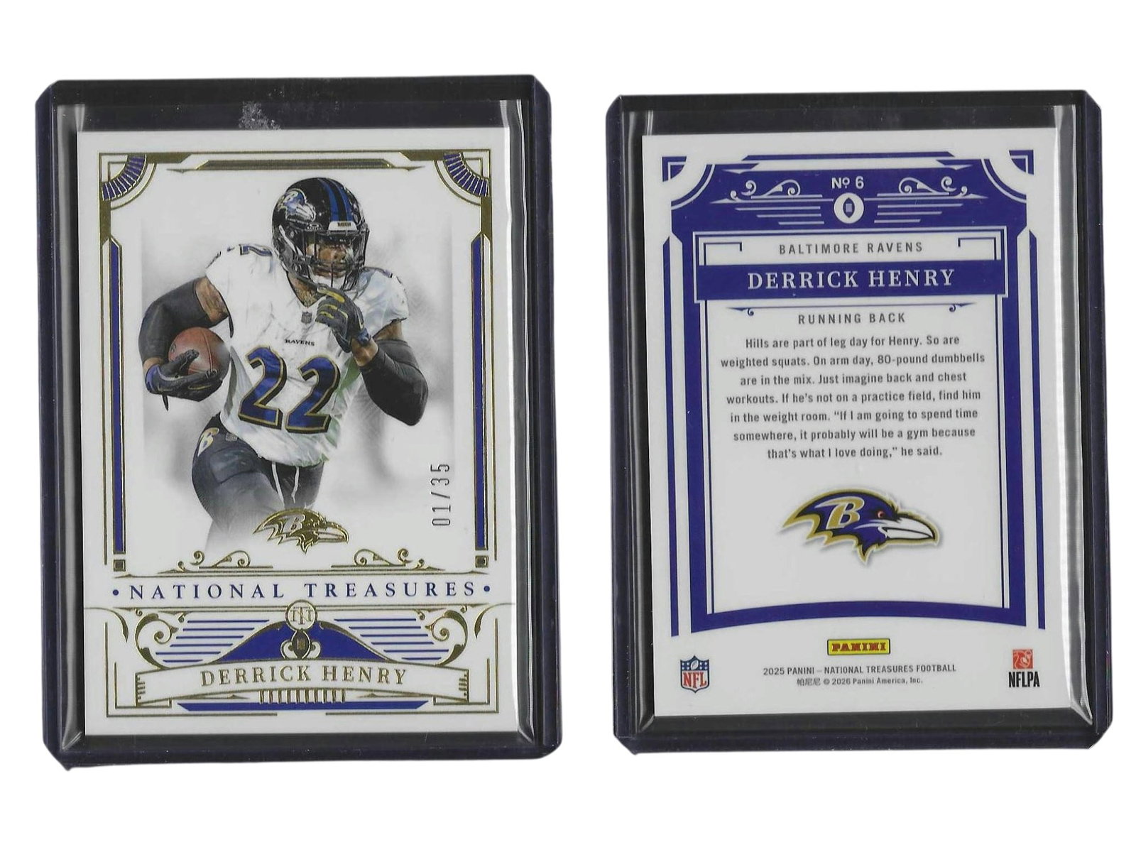 2025 PANINI NT FOOTBALL DERRICK HENRY #6 /35 RAVENS: This limited sports card collectible features future Hall of Fame running back Derrick Henry from the luxurious 2025 Panini National Treasures release. Serial numbered to just 35 copies worldwide, thi