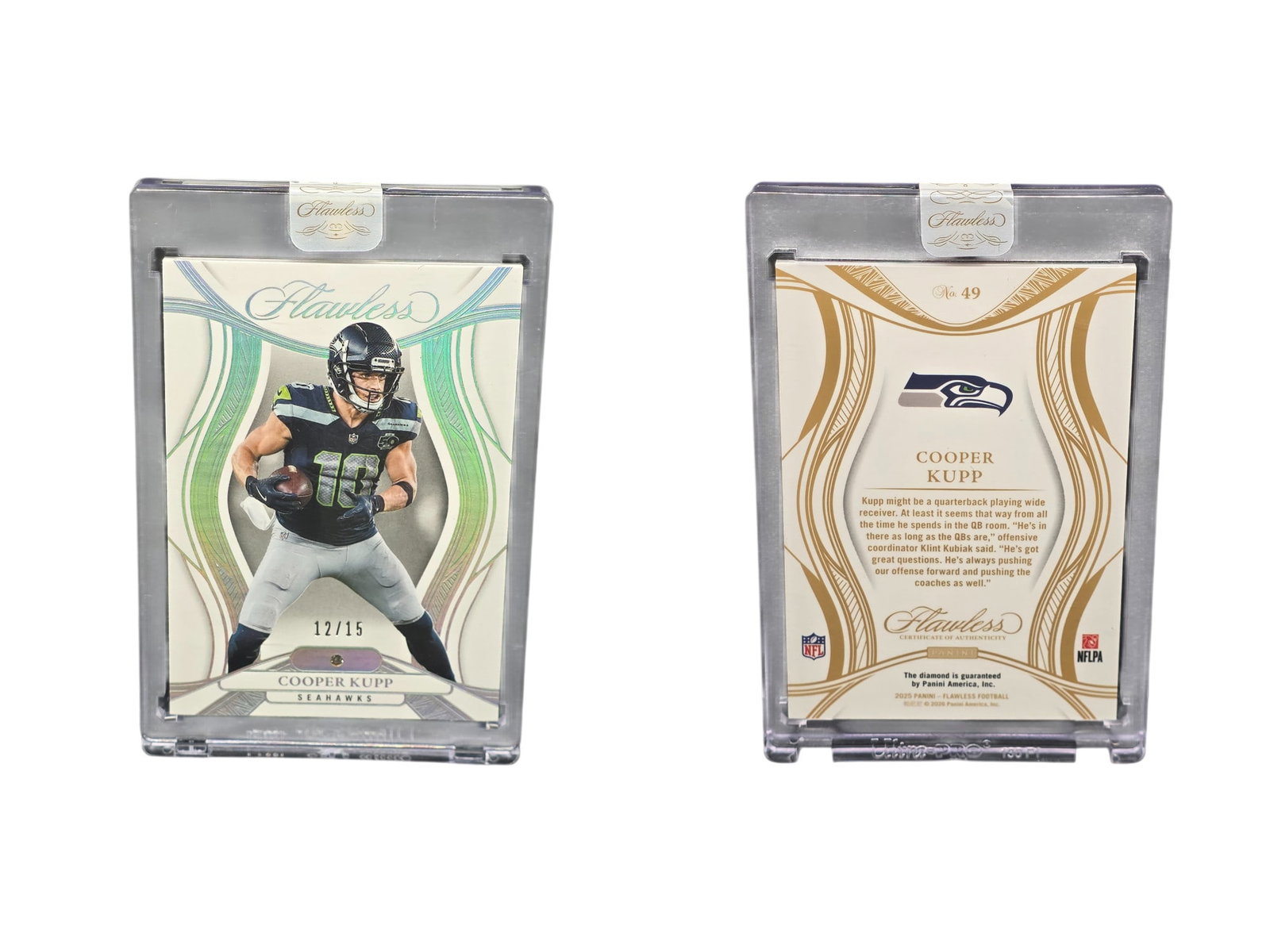 2025 PANINI FLAWLESS FOOTBALL COOPER KUPP #49 DIAMOND IN CARD W/ COA /15 SEAHAWKS: This breathtaking sports card collectible features Super Bowl MVP and Offensive Player of the Year Cooper Kupp from the ultra-premium 2025 Panini Flawless release. Embedded with a genuine, authenticat