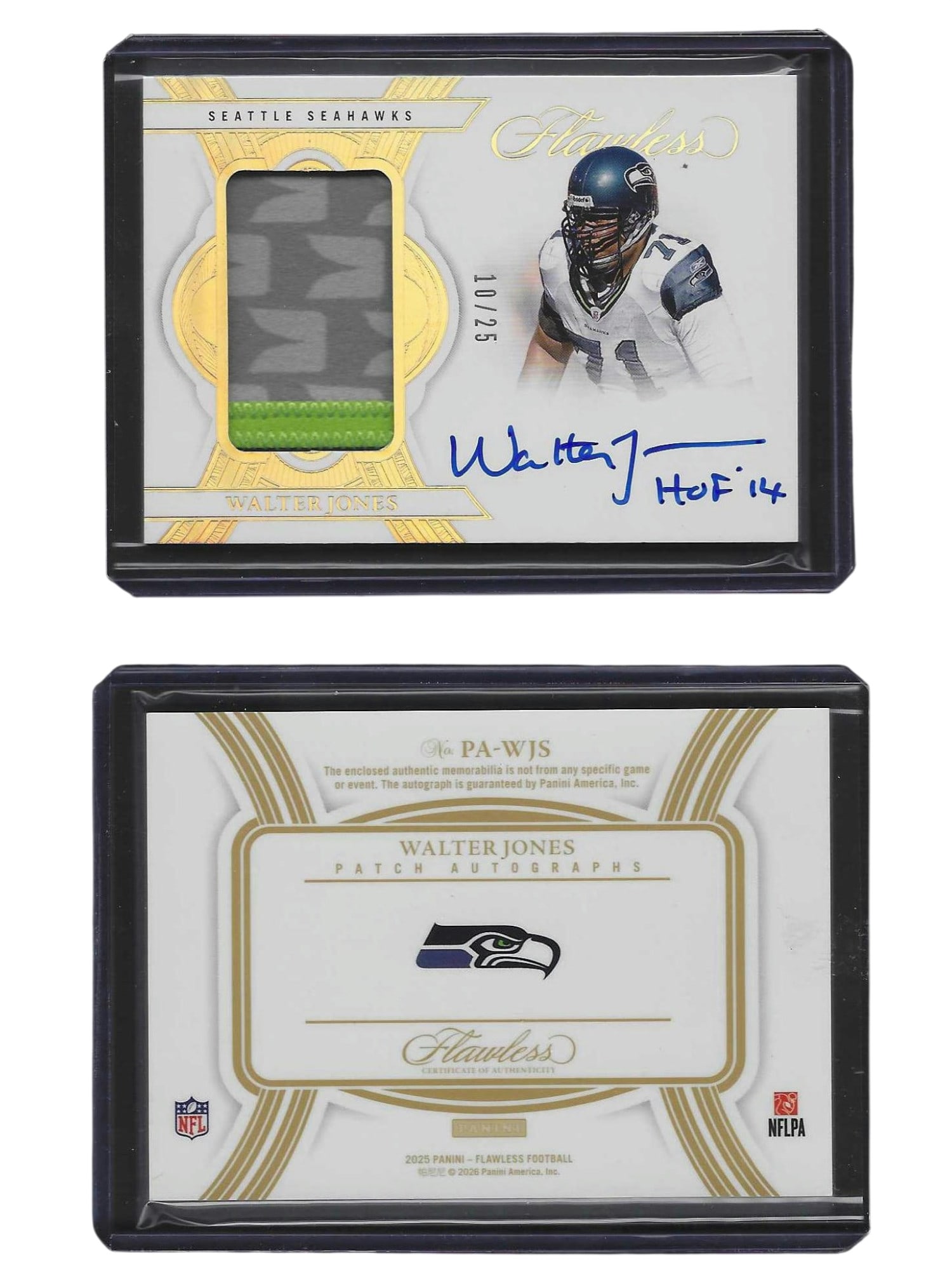 2025 PANINI FLAWLESS FOOTBALL WALTER JONES #PA-WJS PATCH AUTO /25 SEAHAWKS: This premier sports card collectible features Pro Football Hall of Fame left tackle Walter Jones from the pinnacle 2025 Panini Flawless Football release. Combining an authentic memorabilia patch with 