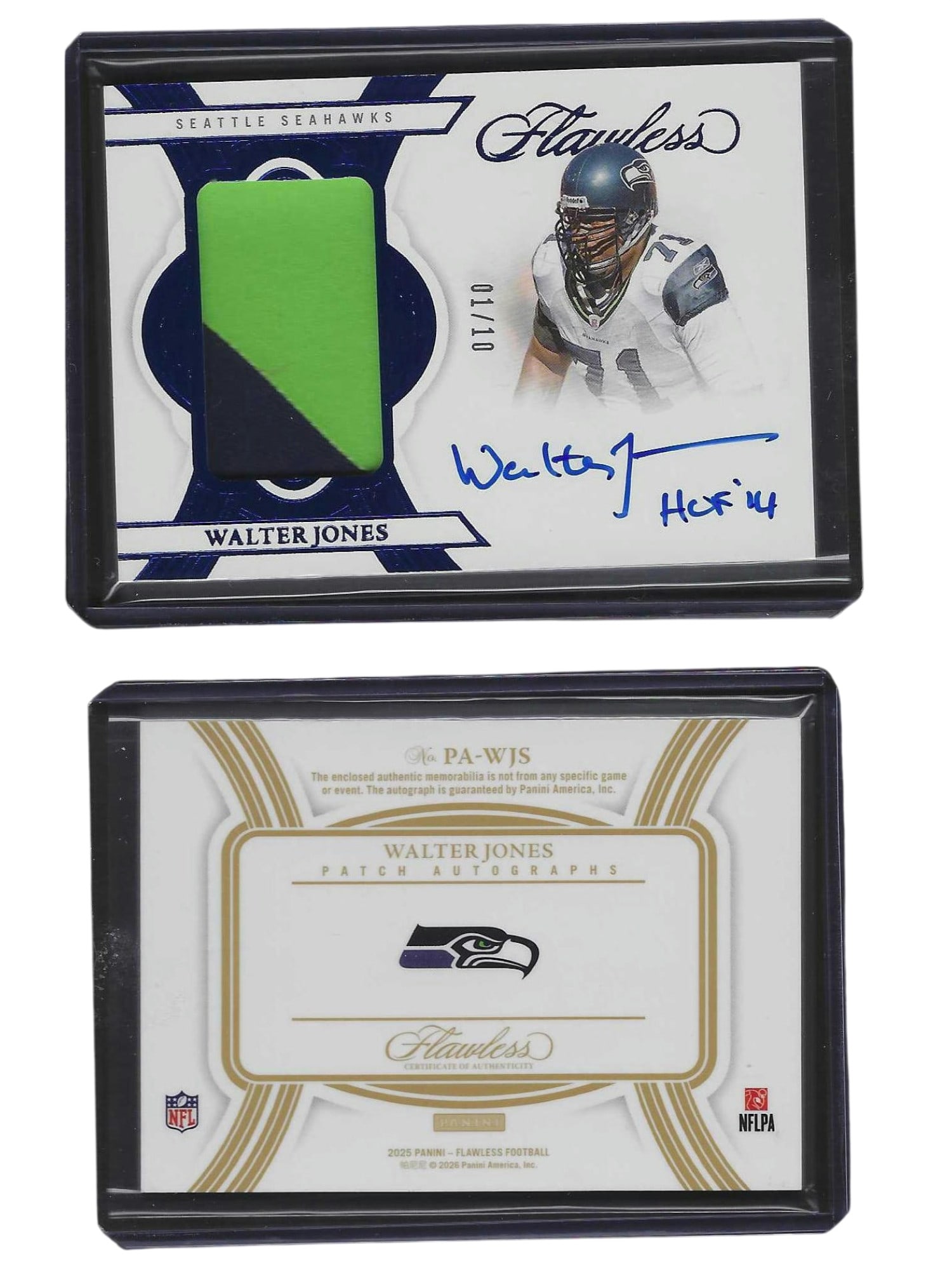 2025 PANINI FLAWLESS FOOTBALL WALTER JONES #PA-WJS PATCH AUTO /10 SEAHAWKS: This ultra-luxury sports card collectible features Hall of Fame left tackle Walter Jones from the industry-leading 2025 Panini Flawless Football release. Showcasing a premium authentic patch paired wi