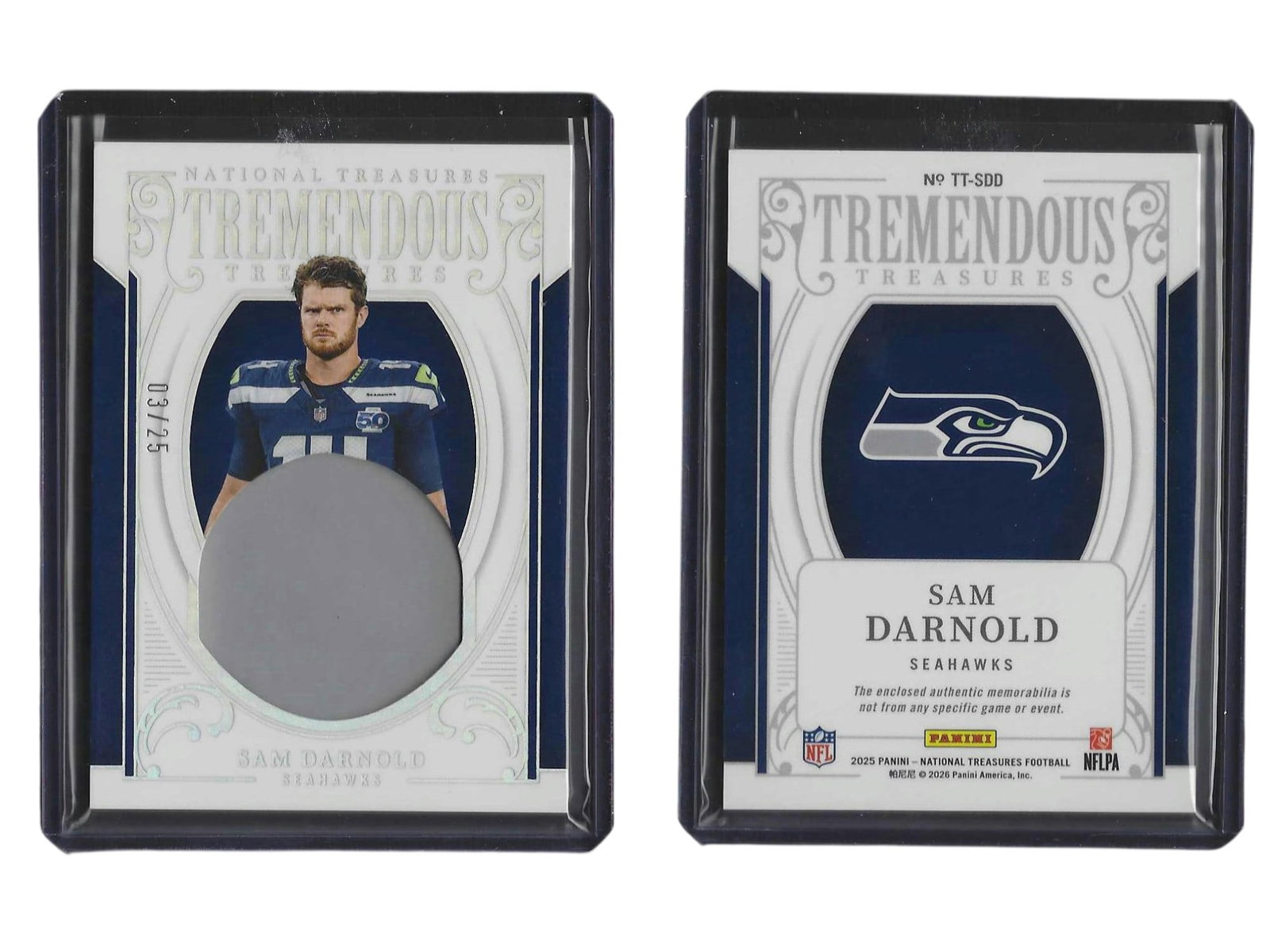 2025 PANINI NT FOOTBALL SAM DARNOLD #TT-SDD TREMENDOUS TREASURES PATCH /25 SEAHAWKS: This high-end sports card collectible features quarterback Sam Darnold from the iconic 2025 Panini National Treasures release. Showcasing a premium authentic patch embedded seamlessly into the card, t