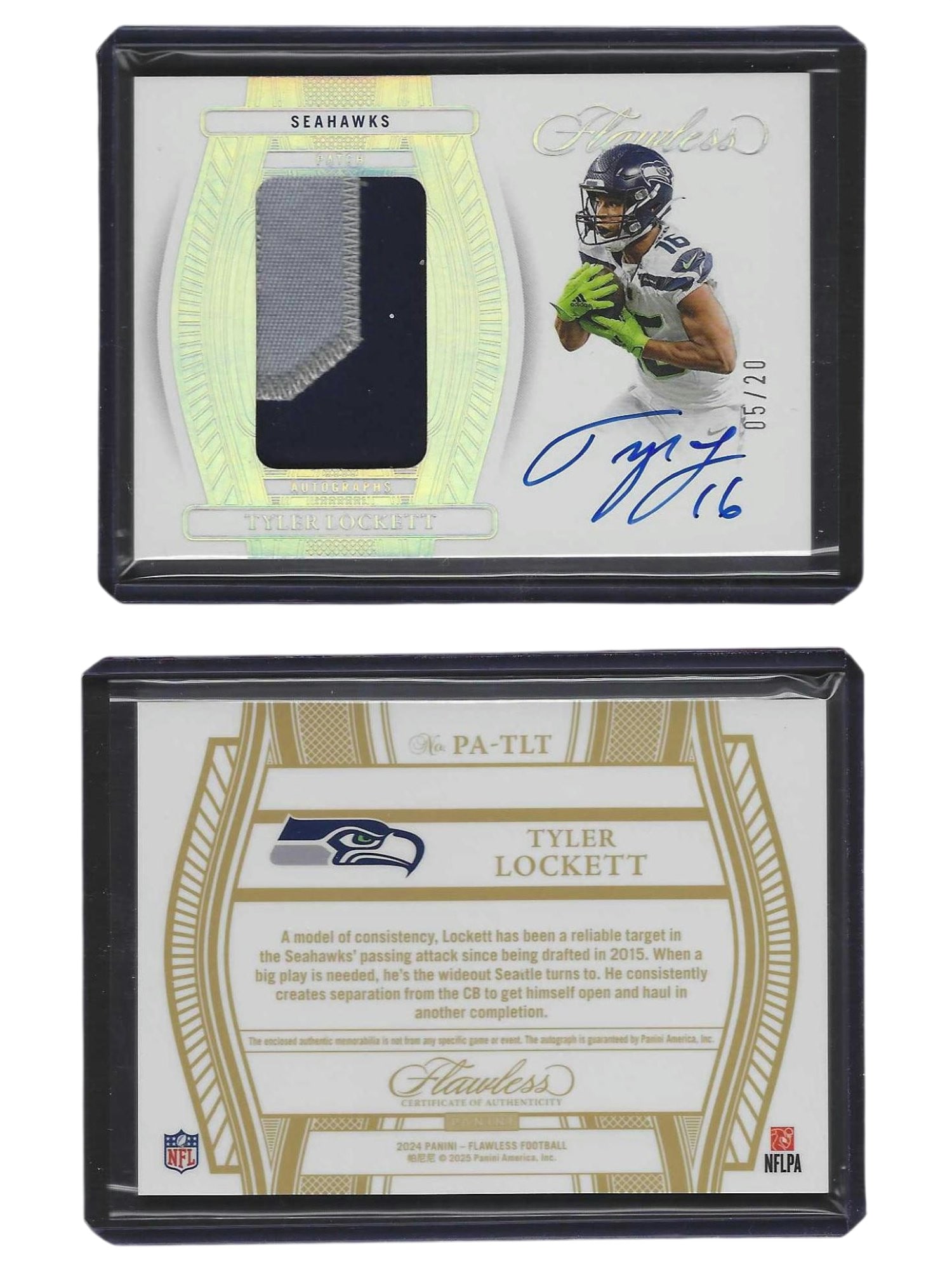 2024 PANINI FLAWLESS FOOTBALL TYLER LOCKETT #PA-TLT PATCH AUTO /20 SEAHAWKS: This ultra-premium sports card collectible features longtime Seattle Seahawks franchise wide receiver Tyler Lockett from the pinnacle 2024 Panini Flawless Football release. Combining a bold on-card au