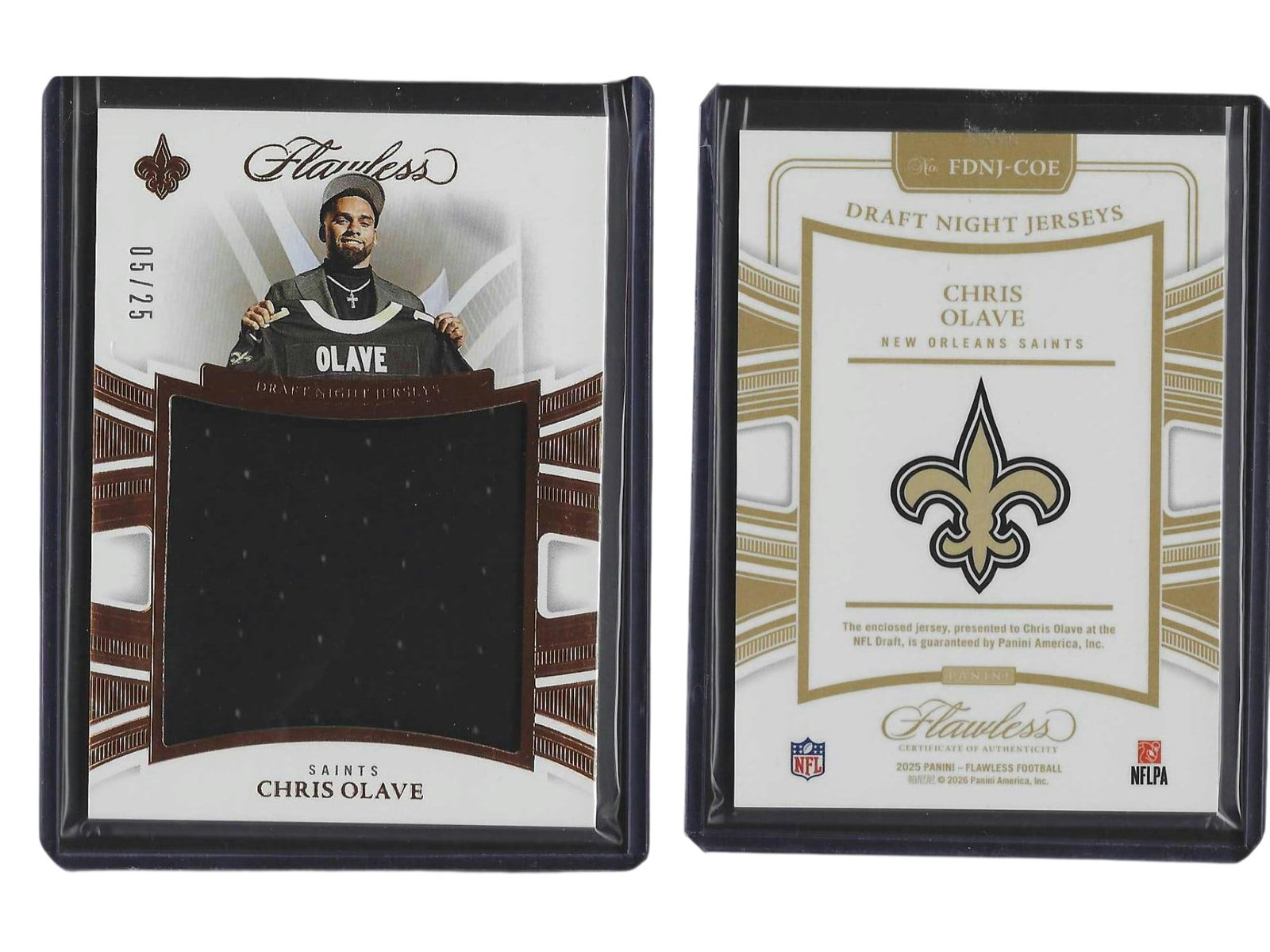 2025 PANINI FLAWLESS FOOTBALL CHRIS OLAVE #FDNJ-COE DRAFT NIGHT JERSEYS PATCH /25 SAINTS: This exclusive sports card collectible features dynamic New Orleans Saints wide receiver Chris Olave from the ultra-luxury 2025 Panini Flawless release. Embedded with an authentic swatch from his memo
