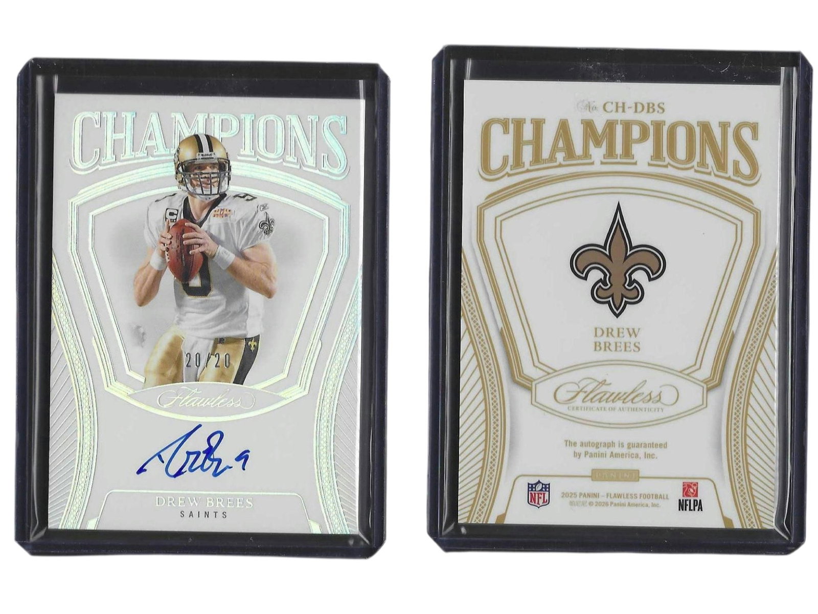 2025 PANINI FLAWLESS FOOTBALL DREW BREES #CH-DBS CHAMPIONS AUTO /20 SAINTS: This premier sports card collectible features an on-card autograph from New Orleans Saints legend and Super Bowl XLIV MVP Drew Brees. Sourced from the revered 2025 Panini Flawless Champions Autographs