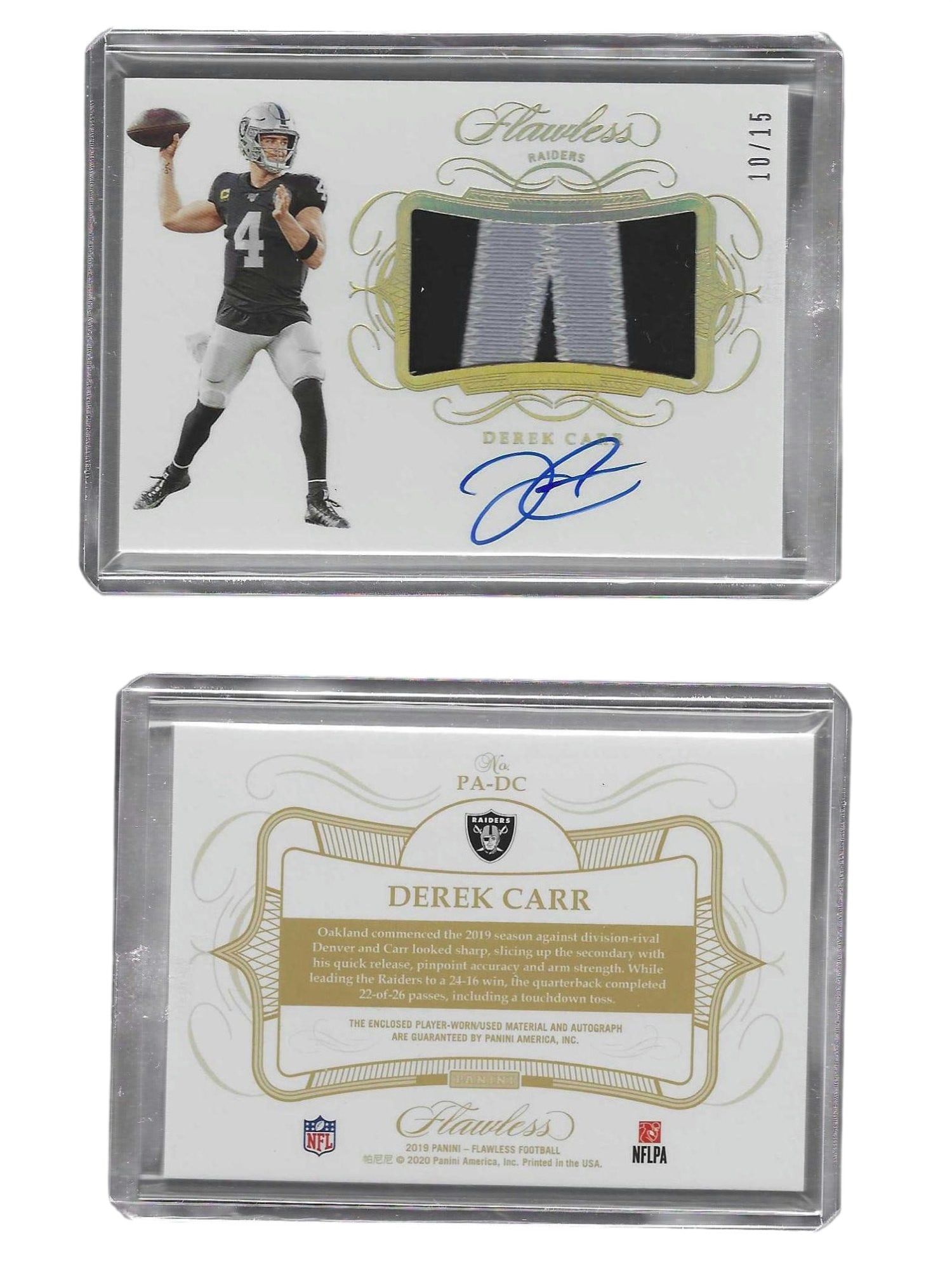 2019 PANINI FLAWLESS FOOTBALL DEREK CARR #PA-DC WORN/USED PATCH AUTO /15 RAIDERS: This ultra-luxury sports card collectible features veteran Pro Bowl quarterback Derek Carr from the pinnacle 2019 Panini Flawless Football release. Combining an authentic game-worn/used multi-color pa