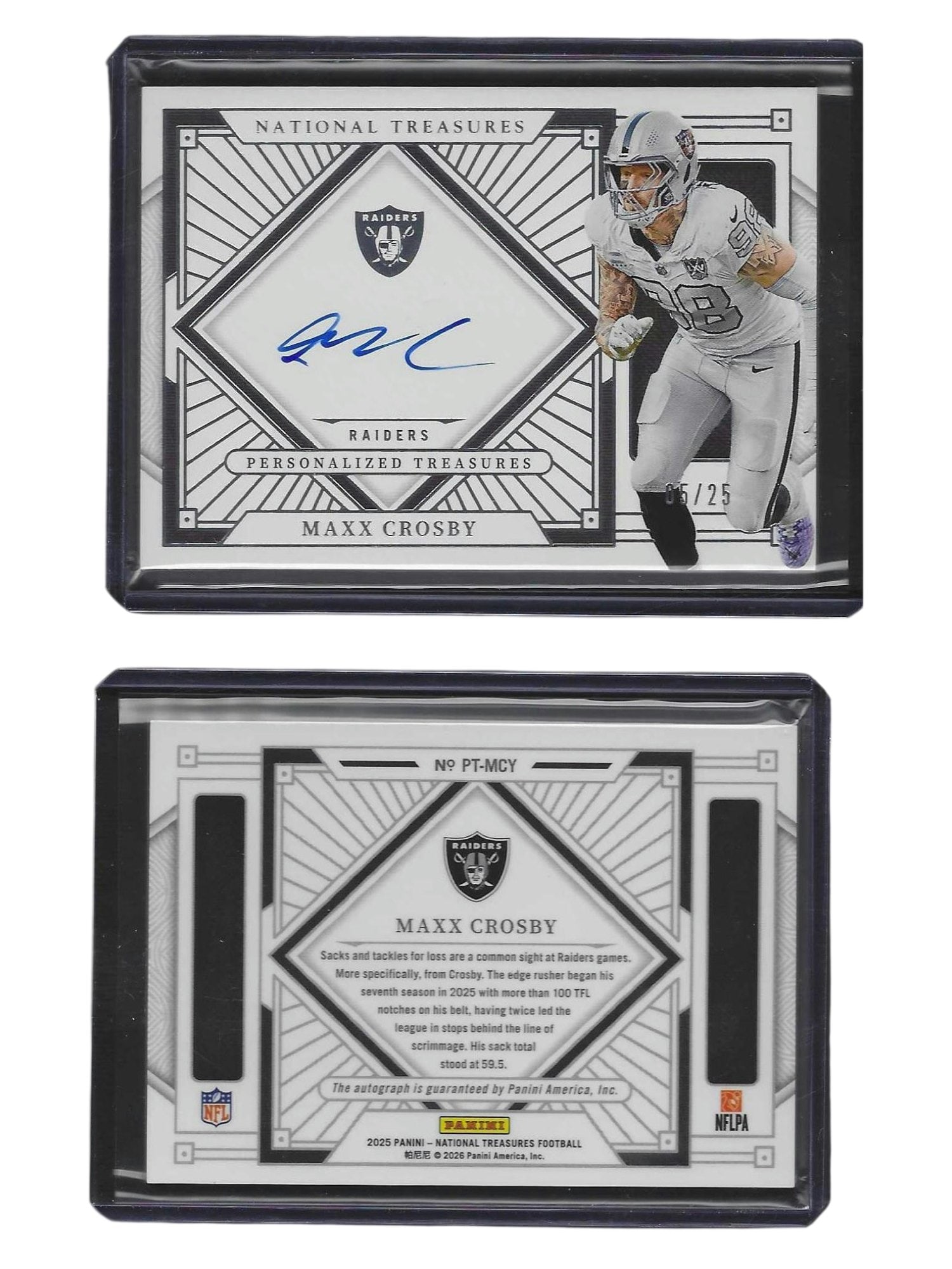2025 PANINI NT FOOTBALL MAXX CROSBY #PT-MCY PERSONALIZED TREASURES AUTO /25 RAIDERS: This high-end sports card collectible features all-pro edge rusher Maxx Crosby from the prestigious 2025 Panini National Treasures release. Highlighting an authentic autograph across the card, this Pe