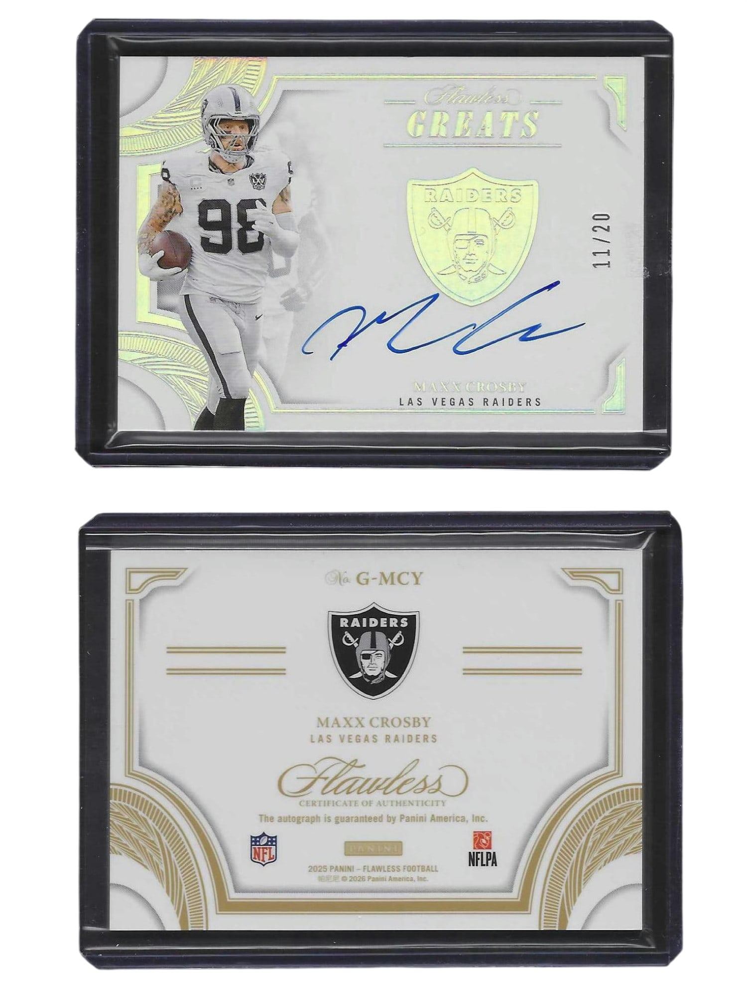 2025 PANINI FLAWLESS FOOTBALL MAXX CROSBY #G-MCY GREATS AUTO /20 RAIDERS: This premier sports card collectible features superstar defensive end Maxx Crosby from the ultra-luxurious 2025 Panini Flawless Football release. Featuring a clean on-card signature on premium thick F