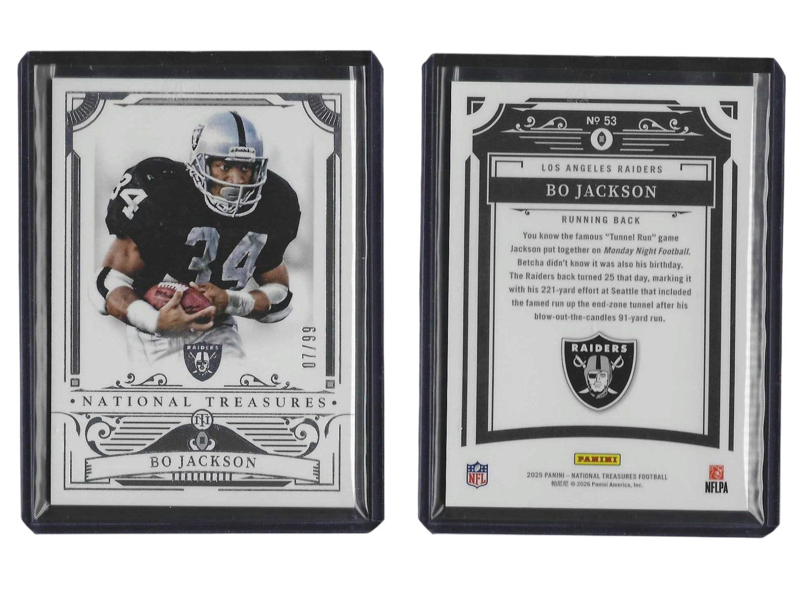2025 PANINI NT FOOTBALL BO JACKSON #53 /99 RAIDERS: This iconic sports card collectible features two-sport legend and cultural icon Bo Jackson from the revered 2025 Panini National Treasures release. Serial numbered to just 99 copies, this base paralle