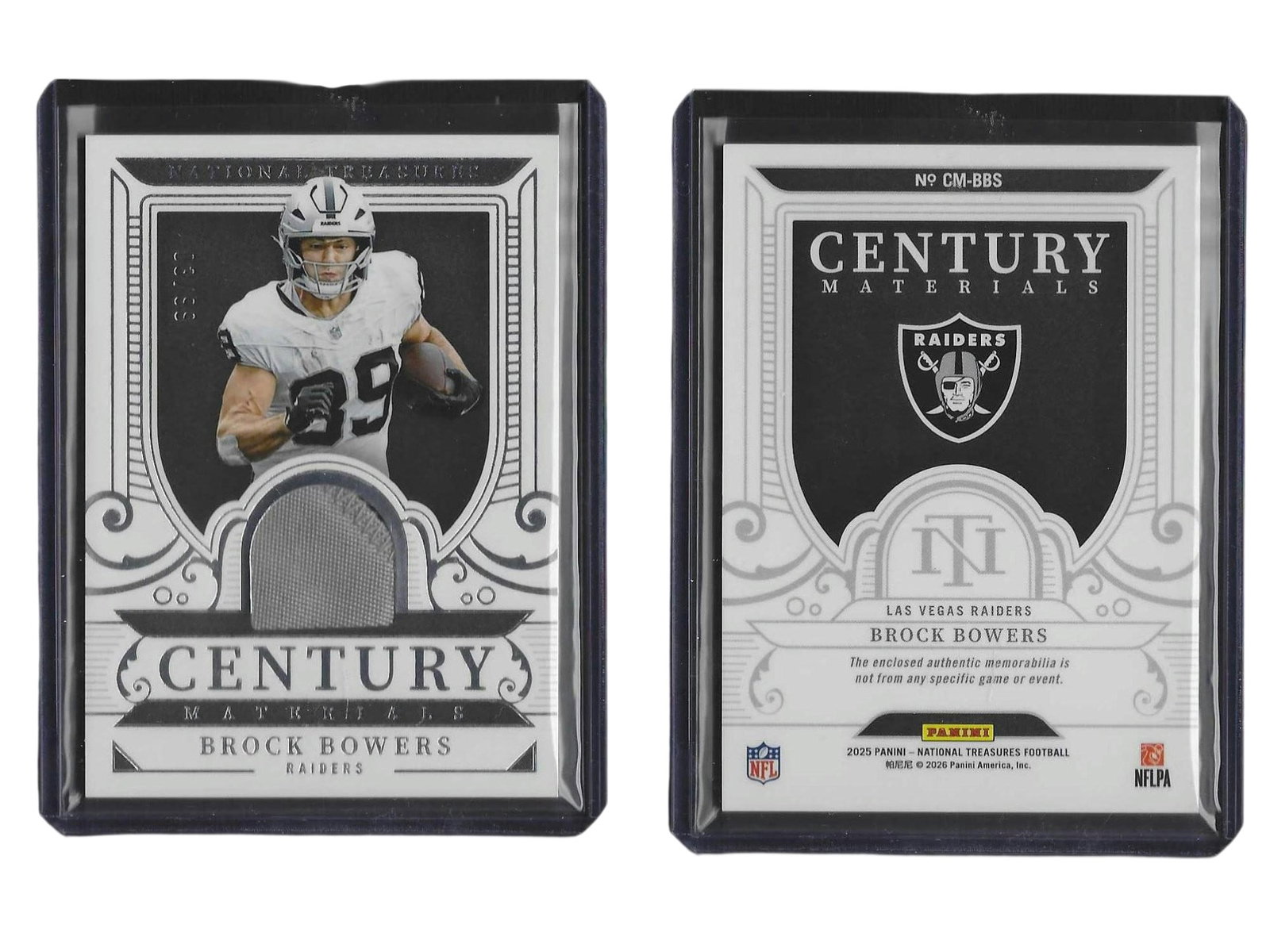2025 PANINI NT FOOTBALL BROCK BOWERS #CM-BBS CENTURY MATERIALS PATCH /99 RAIDERS: This premier sports card collectible features record-setting rookie tight end Brock Bowers from the acclaimed 2025 Panini National Treasures release. Containing an authentic embedded patch, this Centu
