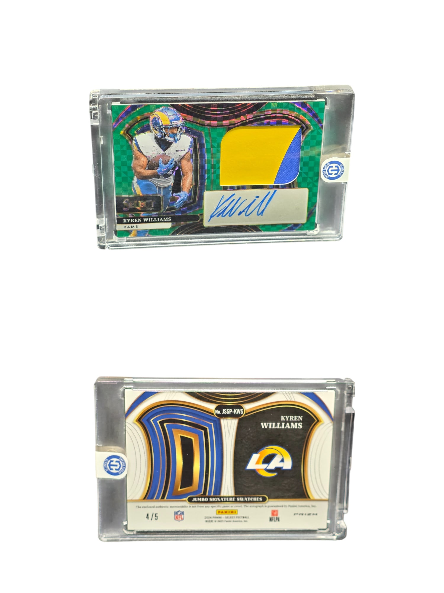 2024 PANINI SELECT FOOTBALL KYREN WILLIAMS #JSSP-KWS PATCH AUTO /5 RAMS: This ultra-rare sports card collectible features Pro Bowl running back Kyren Williams from the celebrated 2024 Panini Select Football release. Featuring an authentic prime patch combined with a bold a