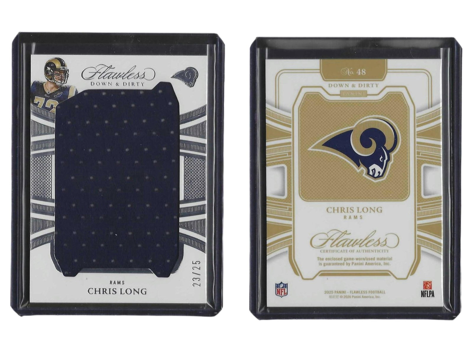 2025 PANINI FLAWLESS FOOTBALL CHRIS LONG #48 DOWN & DIRTY GAME WORN/USED PATCH /25 RAMS: This high-end sports card collectible features standout defensive lineman and Walter Payton Man of the Year Chris Long from the 2025 Panini Flawless release. Embedded with an authentic game-worn/used 