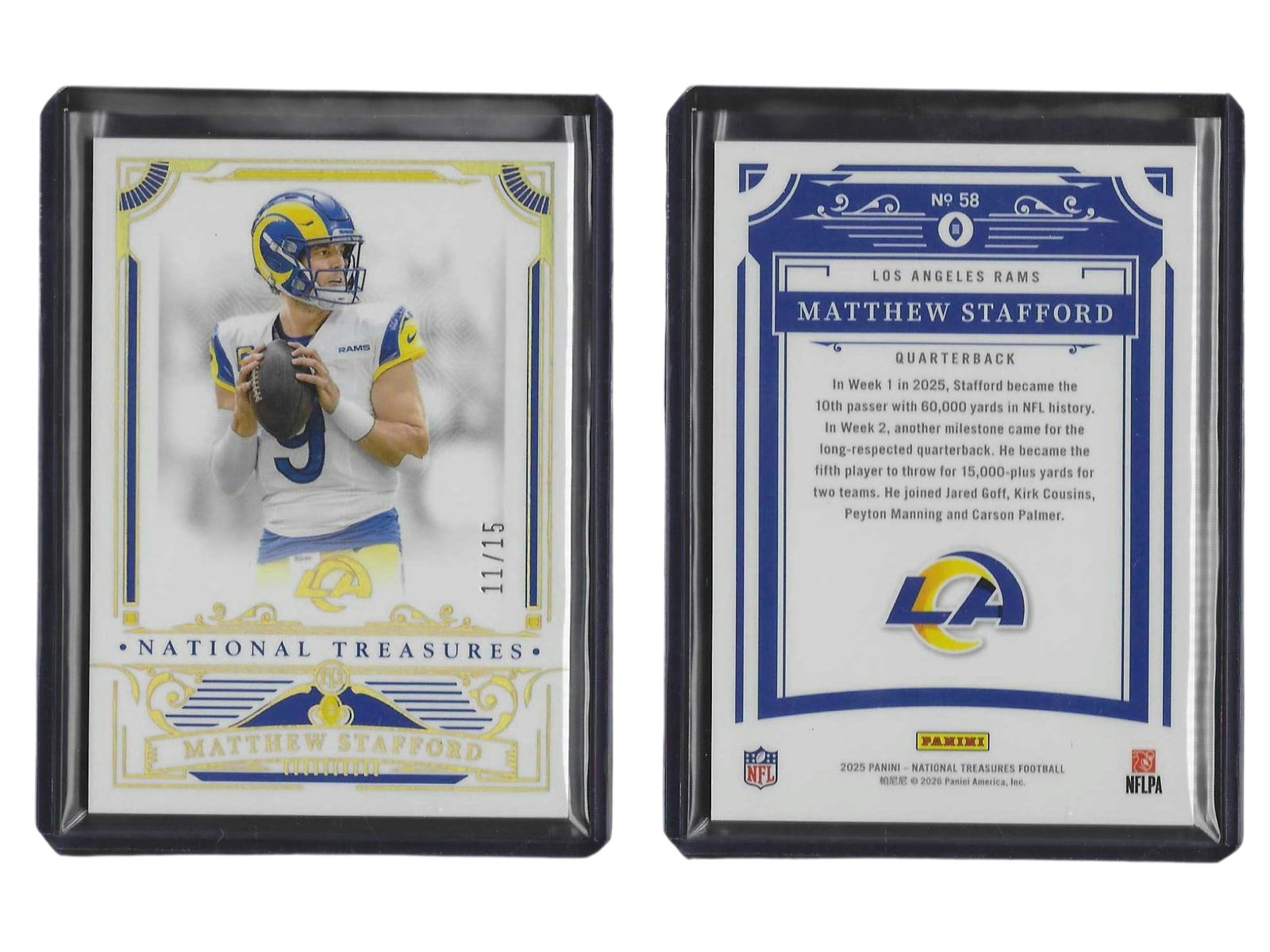 2025 PANINI NT FOOTBALL MATTHEW STAFFORD #58 /15 RAMS: This scarce sports card collectible features Super Bowl LVI champion quarterback Matthew Stafford from the luxury 2025 Panini National Treasures release. Serial numbered to just 15 copies worldwide, t