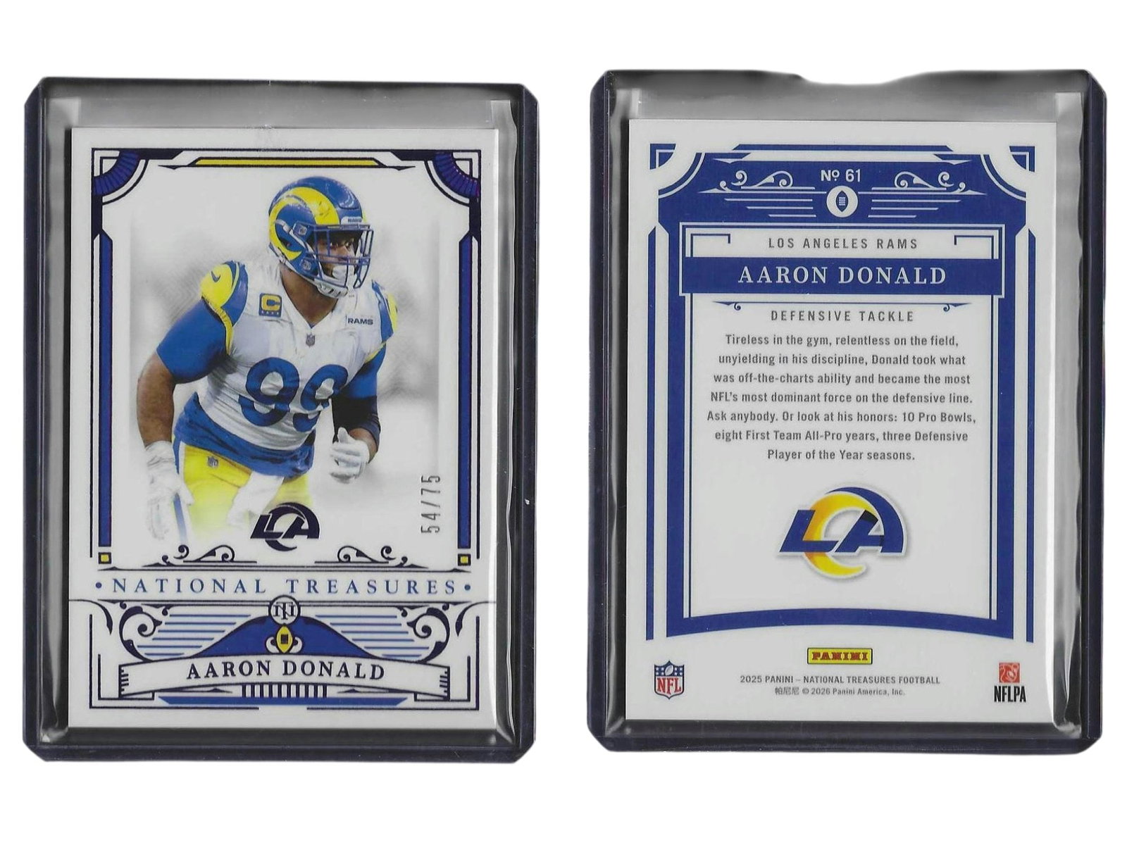 2025 PANINI NT FOOTBALL AARON DONALD #61 /75 RAMS: This limited sports card collectible features three-time AP NFL Defensive Player of the Year Aaron Donald from the 2025 Panini National Treasures release. Serial numbered out of 75 copies, this base p