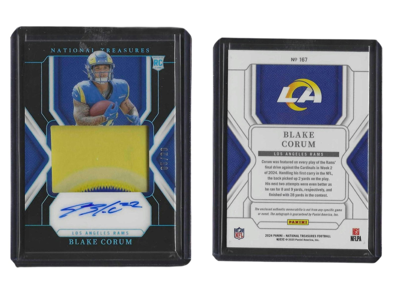 2024 PANINI NT FOOTBALL BLAKE CORUM #167 RPA /20 RAMS: This ultra-high-end sports card collectible features rookie running back Blake Corum from the industry-defining 2024 Panini National Treasures release. Pairing an authentic on-card signature with a pr