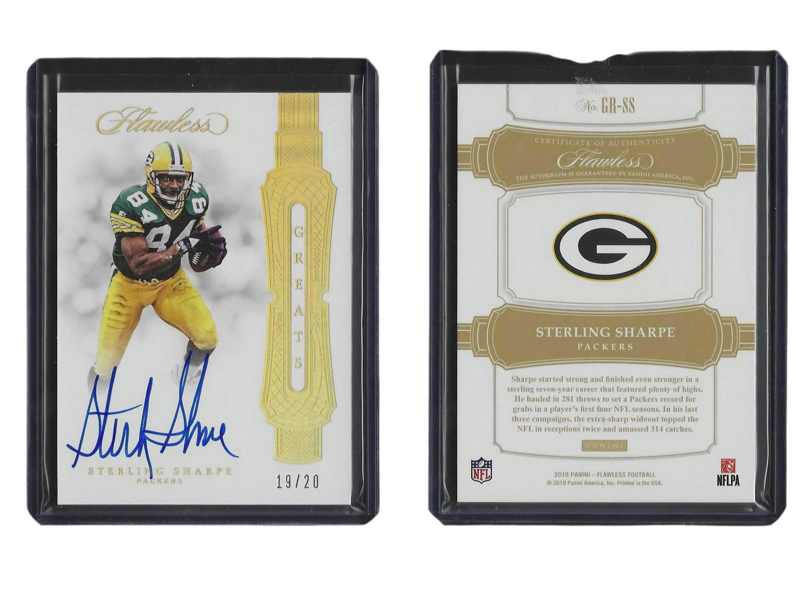 2018 PANINI FLAWLESS FOOTBALL STERLING SHARPE #GR-SS GREATS AUTO /20 PACKERS: This premier sports card collectible features Green Bay Packers Hall of Fame wide receiver Sterling Sharpe from the 2018 Panini Flawless release. Boasting an immaculate on-card autograph, this Greats 
