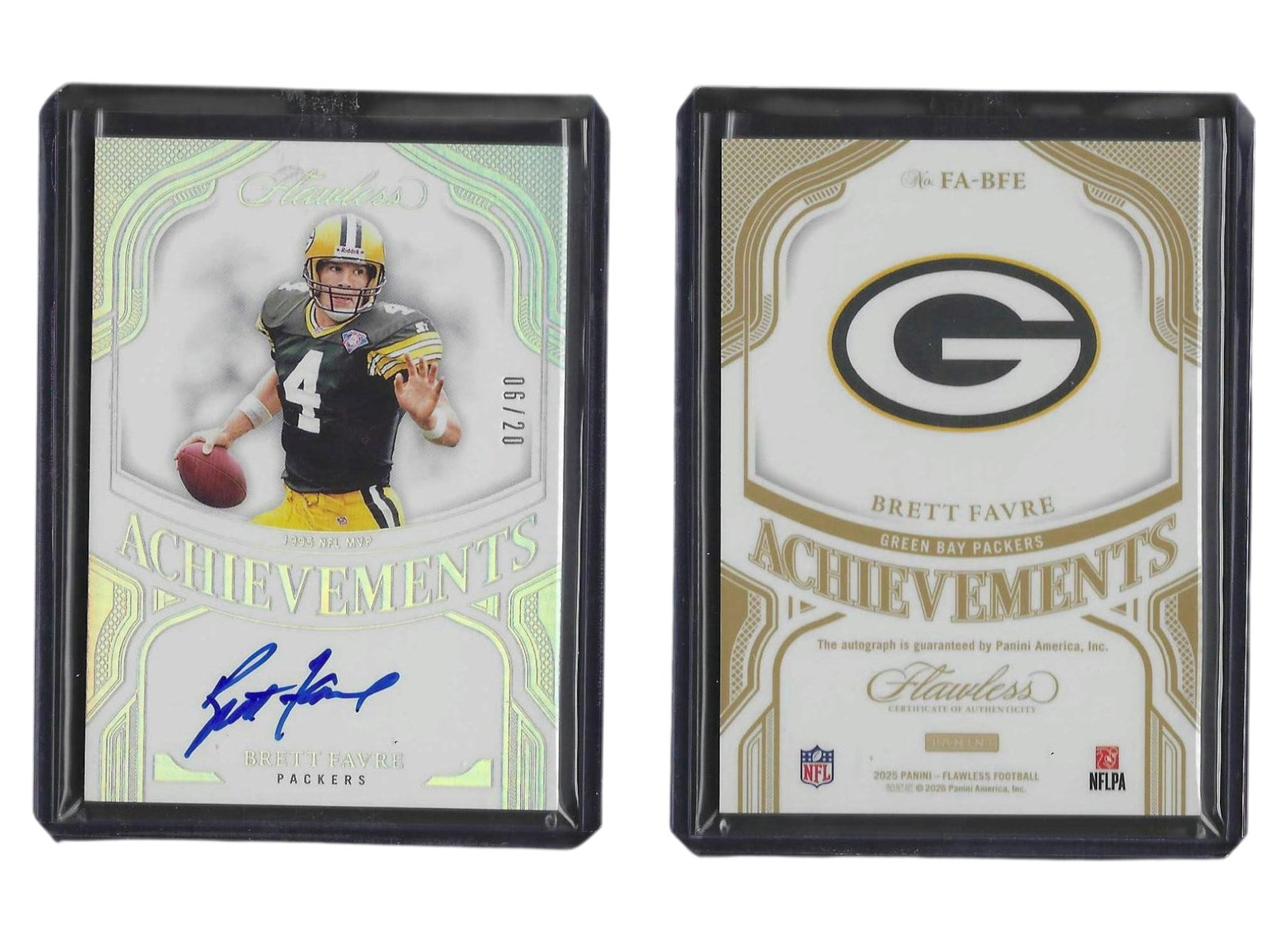 2025 PANINI FLAWLESS FOOTBALL BRETT FAVRE #FA-BFE ACHIEVEMENTS AUTO /20 PACKERS: This ultra-luxury sports card collectible features three-time consecutive NFL MVP and Hall of Fame quarterback Brett Favre from the 2025 Panini Flawless release. Showcasing a pristine on-card signatur