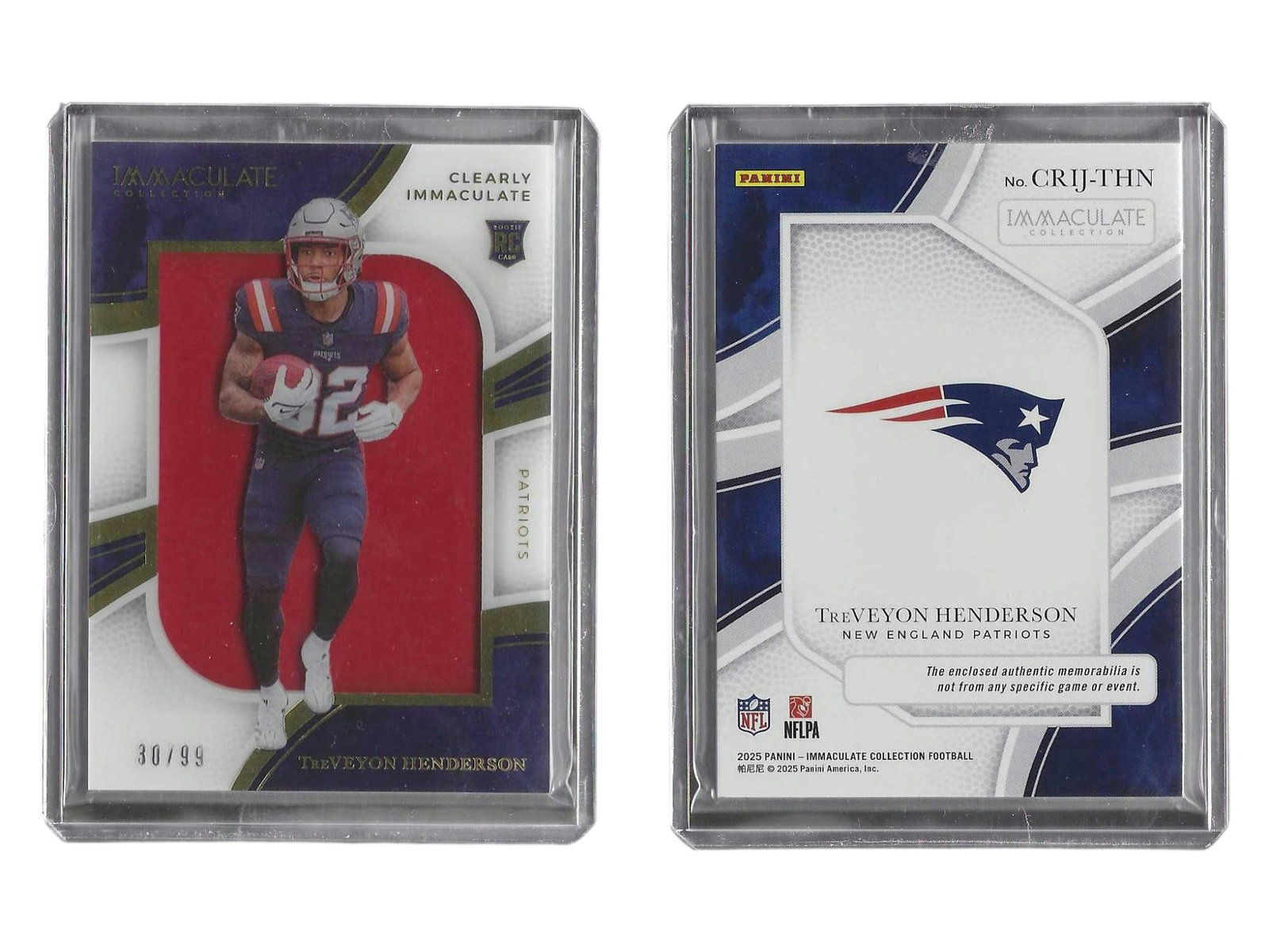 2025 PANINI IMMACULATE COLLECTION FOOTBALL TREVEYON HENDERSON #CRIJ-THN CLEARLY IMMACULATE ROOKIE: This high-end sports card collectible features explosive rookie running back TreVeyon Henderson from the 2025 Panini Immaculate Collection. Combining an acetate clear card face with an embedded authen