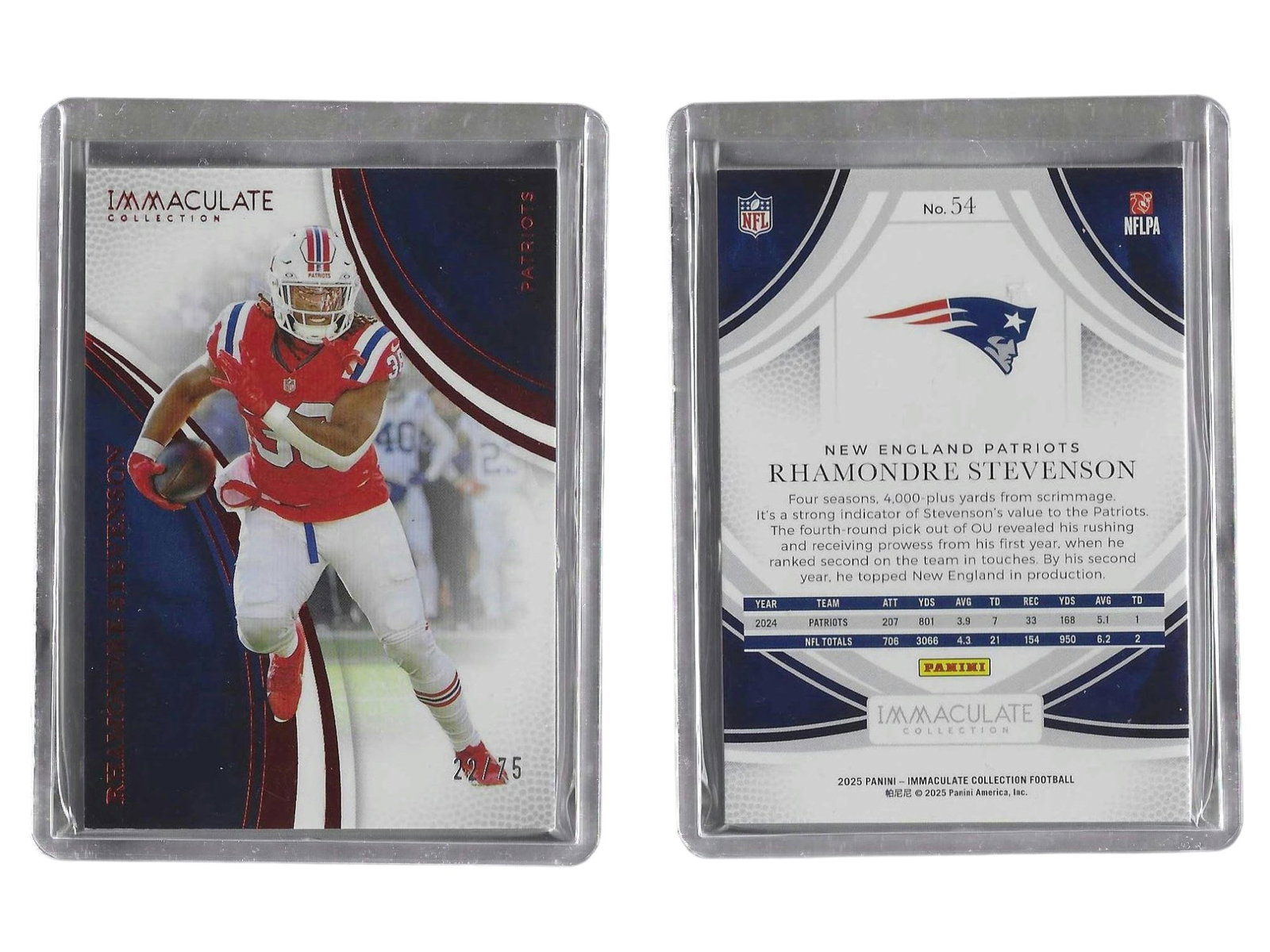 2025 PANINI IMMACULATE COLLECTION FOOTBALL RHAMONDRE STEVENSON #54 /75 PATRIOTS: This limited sports card collectible features powerhouse running back Rhamondre Stevenson from the prestigious 2025 Panini Immaculate Collection. Serial numbered out of 75 copies, this base parallel s