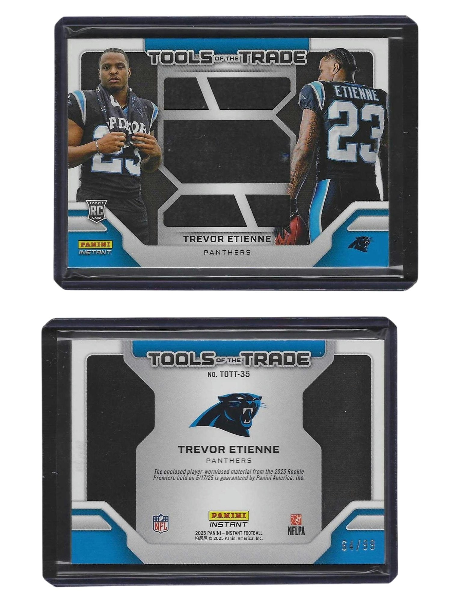 2025 PANINI INSTANT FOOTBALL TREVOR ETIENNE #TOTT-35 TOOLS OF THE TRADE GAME WORN/USED ROOKIE PATCH: This exciting sports card collectible features rookie running back Trevor Etienne from the 2025 Panini Instant Tools of the Trade series. Embedded with an authentic game-worn/used rookie jersey patch,