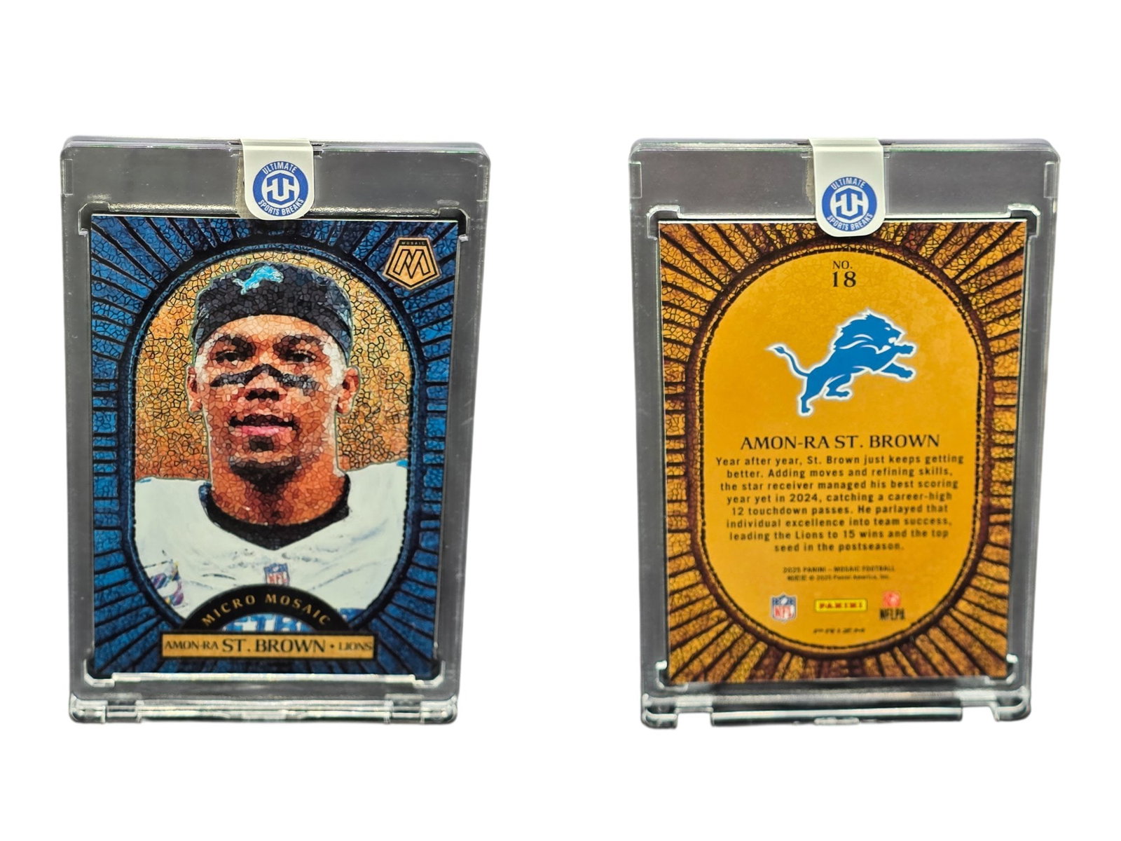 2025 PANINI MOSAIC FOOTBALL AMON-RA ST. BROWN #18 MICRO MOSAIC LIONS: This elusive super short print (SSP) sports card collectible features All-Pro wide receiver Amon-Ra St. Brown from the 2025 Panini Mosaic Football release. Showcasing the intricate, highly coveted Mic