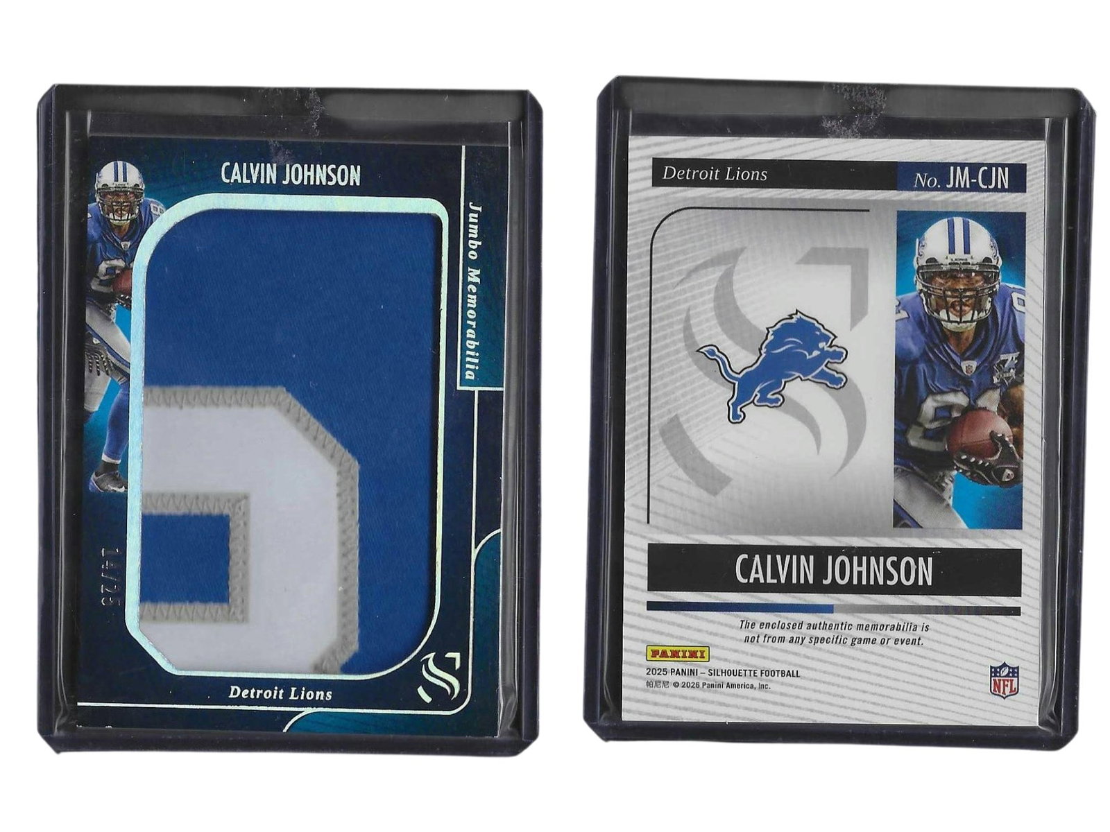 2025 PANINI SILHOUETTE CALVIN JOHNSON #JM-CJN PATCH /25 LIONS: This high-end sports card collectible features Pro Football Hall of Fame wide receiver Calvin 'Megatron' Johnson from the 2025 Panini Silhouettes checklist. Highlighting an authentic oversized multi-c
