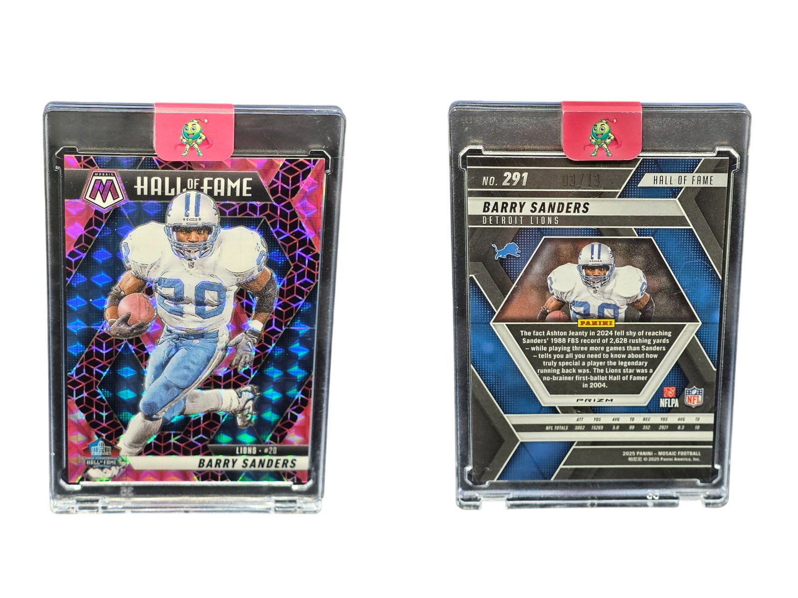 2025 PANINI MOSAIC FOOTBALL BARRY SANDERS #291 HALL OF FAME /13 LIONS: This super rare sports card collectible features legendary Hall of Fame running back Barry Sanders from the 2025 Panini Mosaic release. Serial numbered to an ultra-low 13 copies worldwide, this Hall o