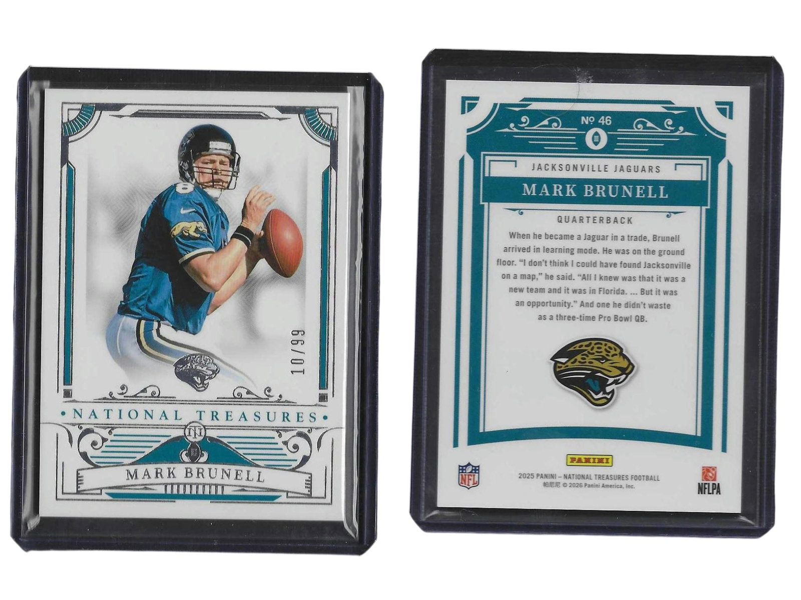 2025 PANINI NT FOOTBALL MARK BRUNELL #46 /99 JAGUARS: This classic sports card collectible features legendary franchise quarterback Mark Brunell from the 2025 Panini National Treasures release. Serial numbered to 99 copies, this card celebrates the leade