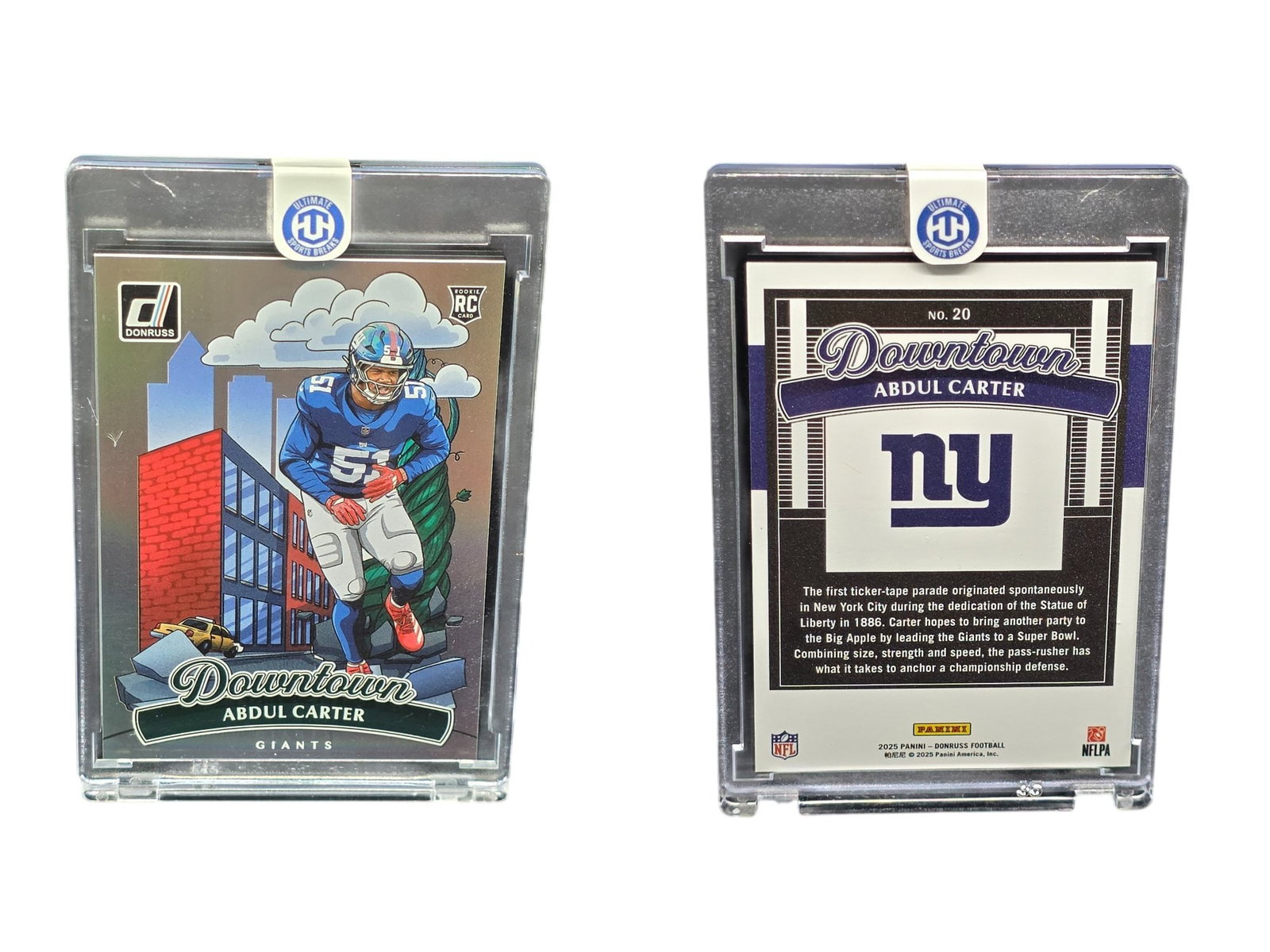 2025 PANINI DONRUSS FOOTBALL ABDUL CARTER #20 DOWNTOWN ROOKIE GIANTS: This ultra-coveted super short print (SSP) sports card collectible features rookie defender Abdul Carter in the famous Downtown insert from 2025 Panini Donruss Football. Depicting Carter alongside ico