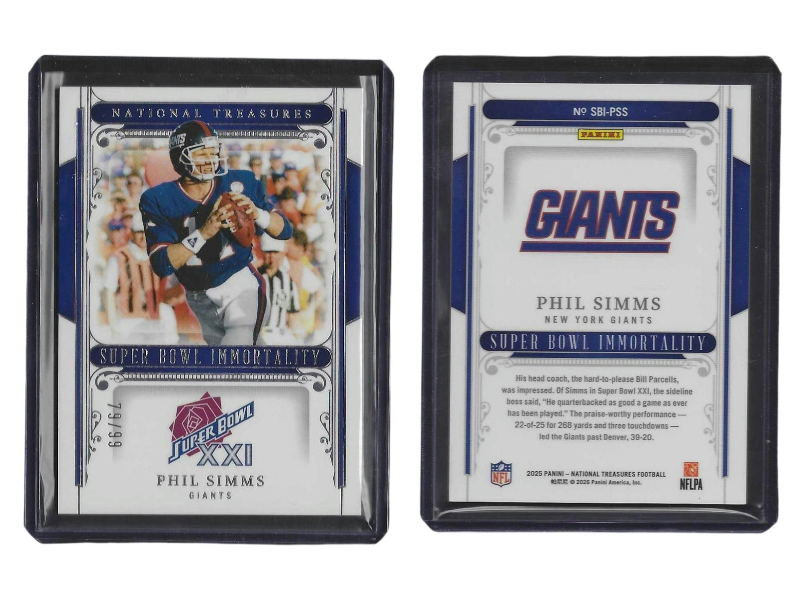 2025 PANINI NT FOOTBALL PHIL SIMMS #SBI-PSS SUPER BOWL IMMORTALITY /99 GIANTS: This historical sports card collectible features New York Giants icon and Super Bowl XXI MVP Phil Simms from the 2025 Panini National Treasures release. Sourced from the Super Bowl Immortality insert 