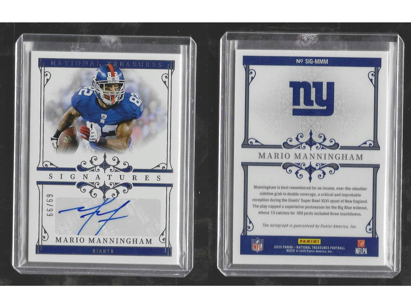 2025 PANINI NT FOOTBALL MARIO MANNIINGHAM #SIG-MMM SIGNATURES AUTO /69 GIANTS: This memorable sports card collectible features Super Bowl XLVI hero Mario Manningham from the 2025 Panini National Treasures Signatures checklist. Boasting an authentic signature, this card is serial