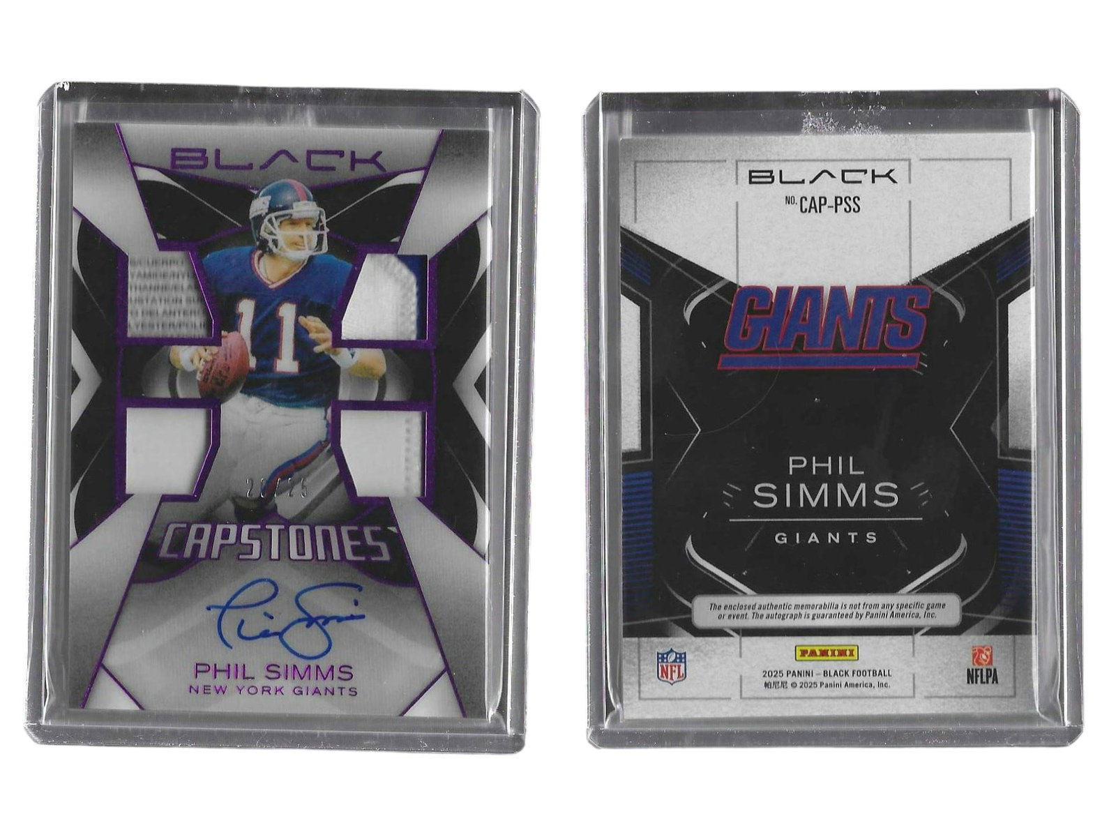2025 PANINI BLACK FOOTBALL PHIL SIMMS #CAP-PSS QUAD PATCH W/ ERROR AND AUTO /25 GIANTS: This unique and rare sports card collectible features Giants championship quarterback Phil Simms from the 2025 Panini Black release. Featuring four authentic patch relics alongside an authentic autogr